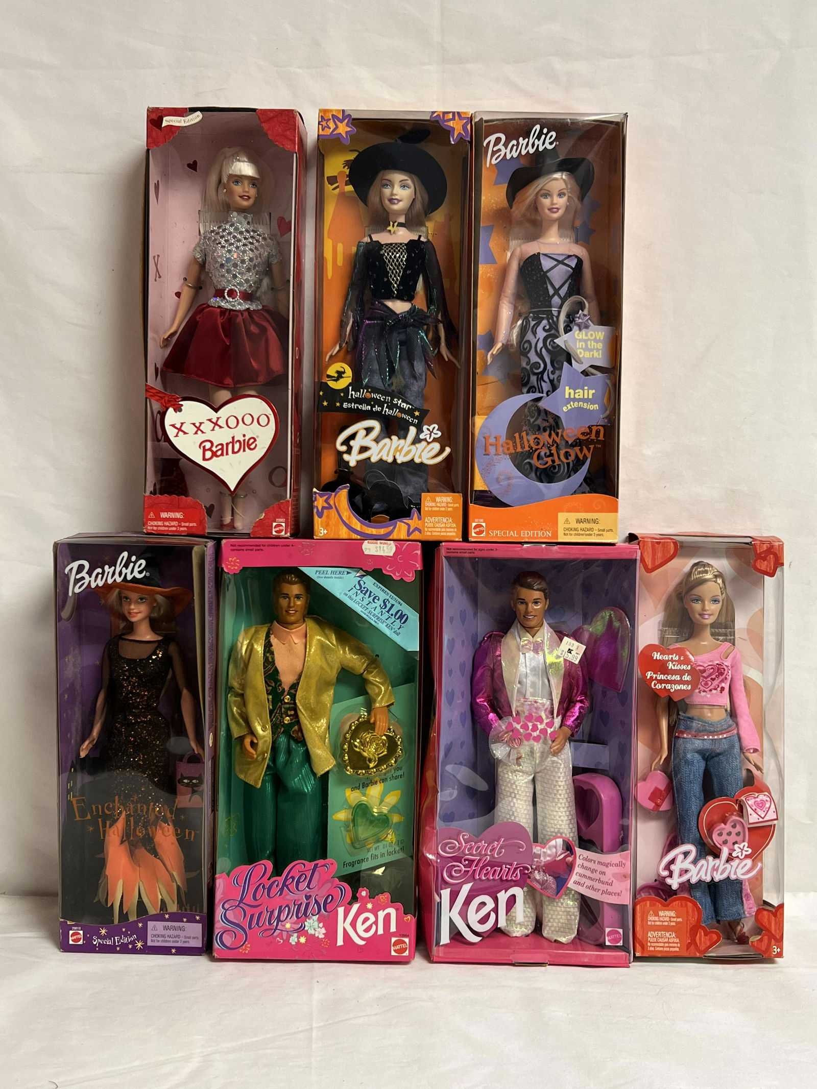 (7)Barbie Ken Dolls- Halloween, Valentines - Enchanted Halloween 29818, Halloween Glow Hair: (7)Barbie Ken Dolls- Halloween, Valentines - Enchanted Halloween 29818, Halloween Glow Hair Extension 55196, Halloween Star, Heart & Kisses, XXXOOO + Secret Hearts + Locket Surprise Ken - Original Box