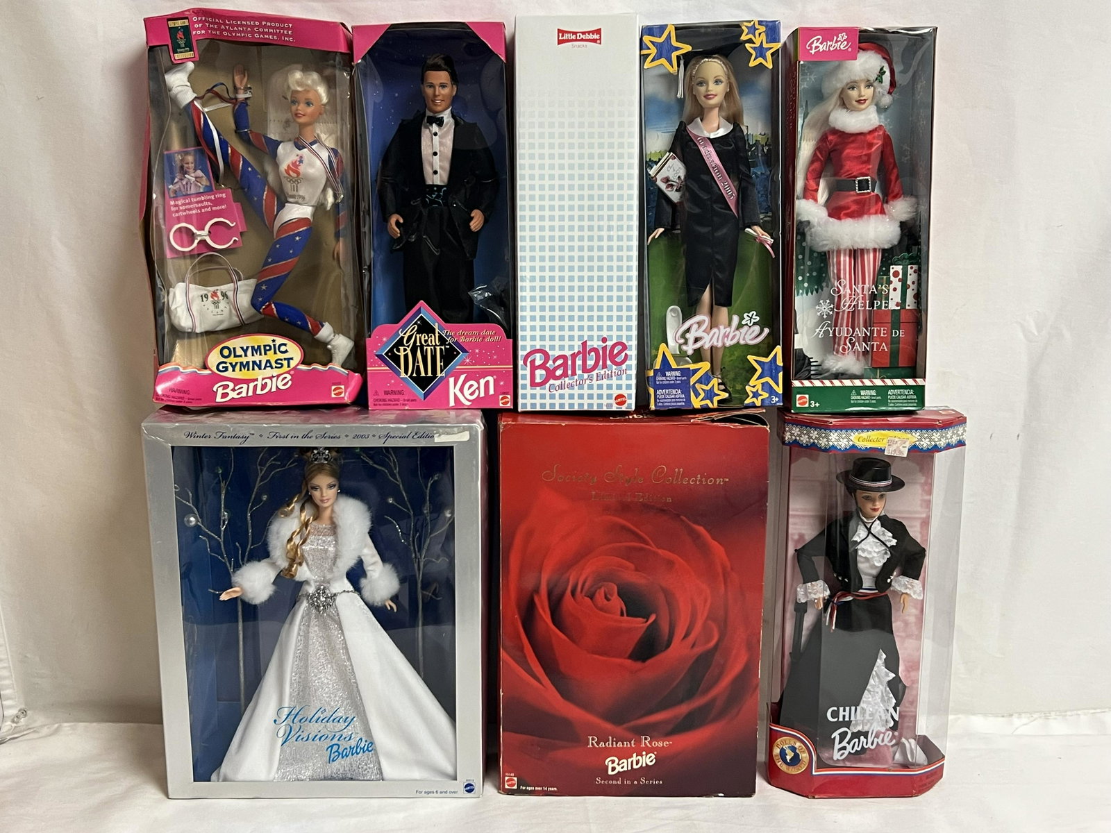 (8)Asst Barbies in Original Boxes - Gymnast Barbie, Santas Helper, Chilean Great Date Ken Radiant: (8)Asst Barbies in Original Boxes - Gymnast Barbie, Santas Helper, Chilean Great Date Ken Radiant Rose, Holiday Visions + More
