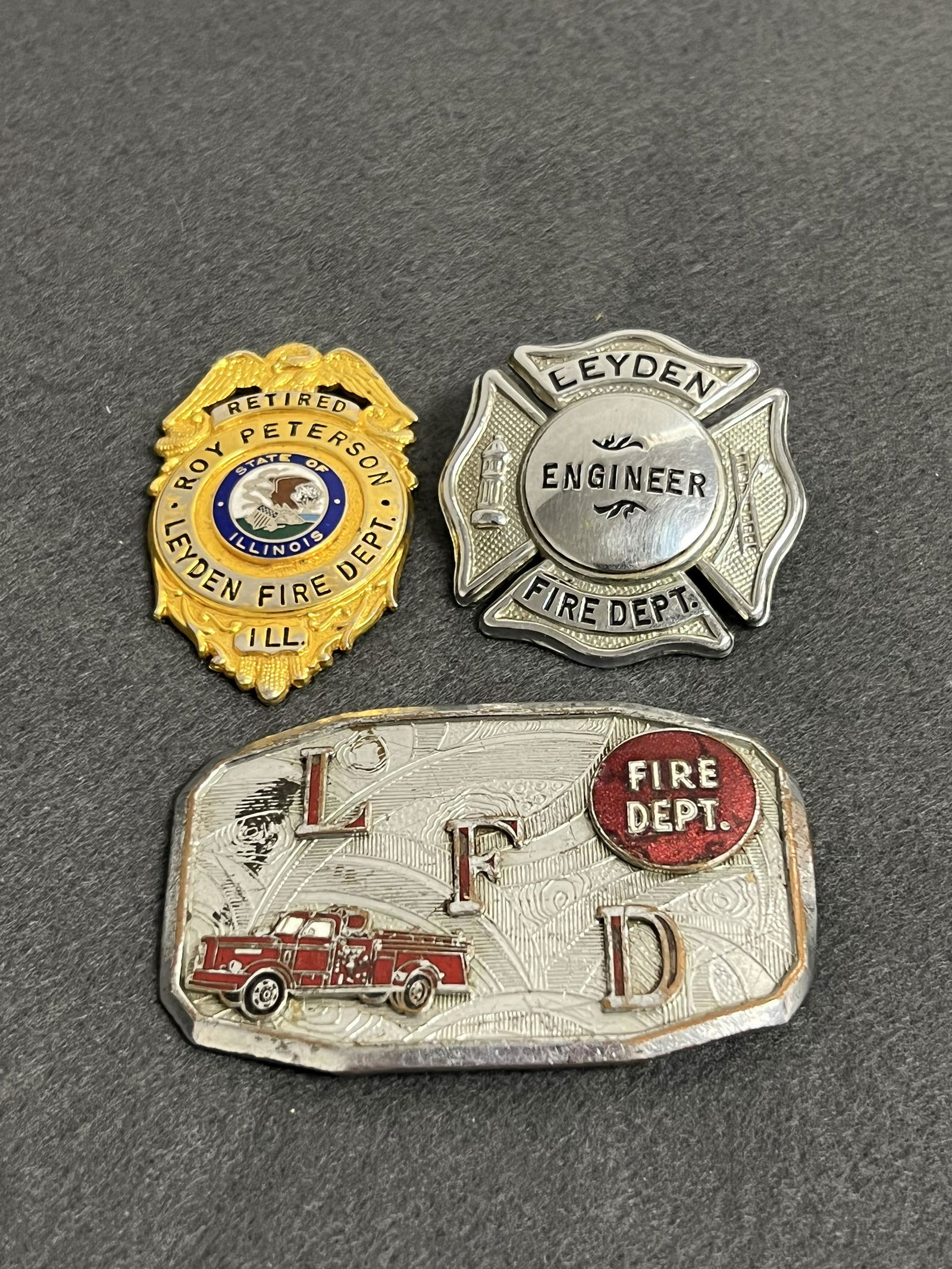 (3)Authentic Leyden Fire Dept. Badges,Buckle - (2)Badges, (1)Buckle (1 of 5)