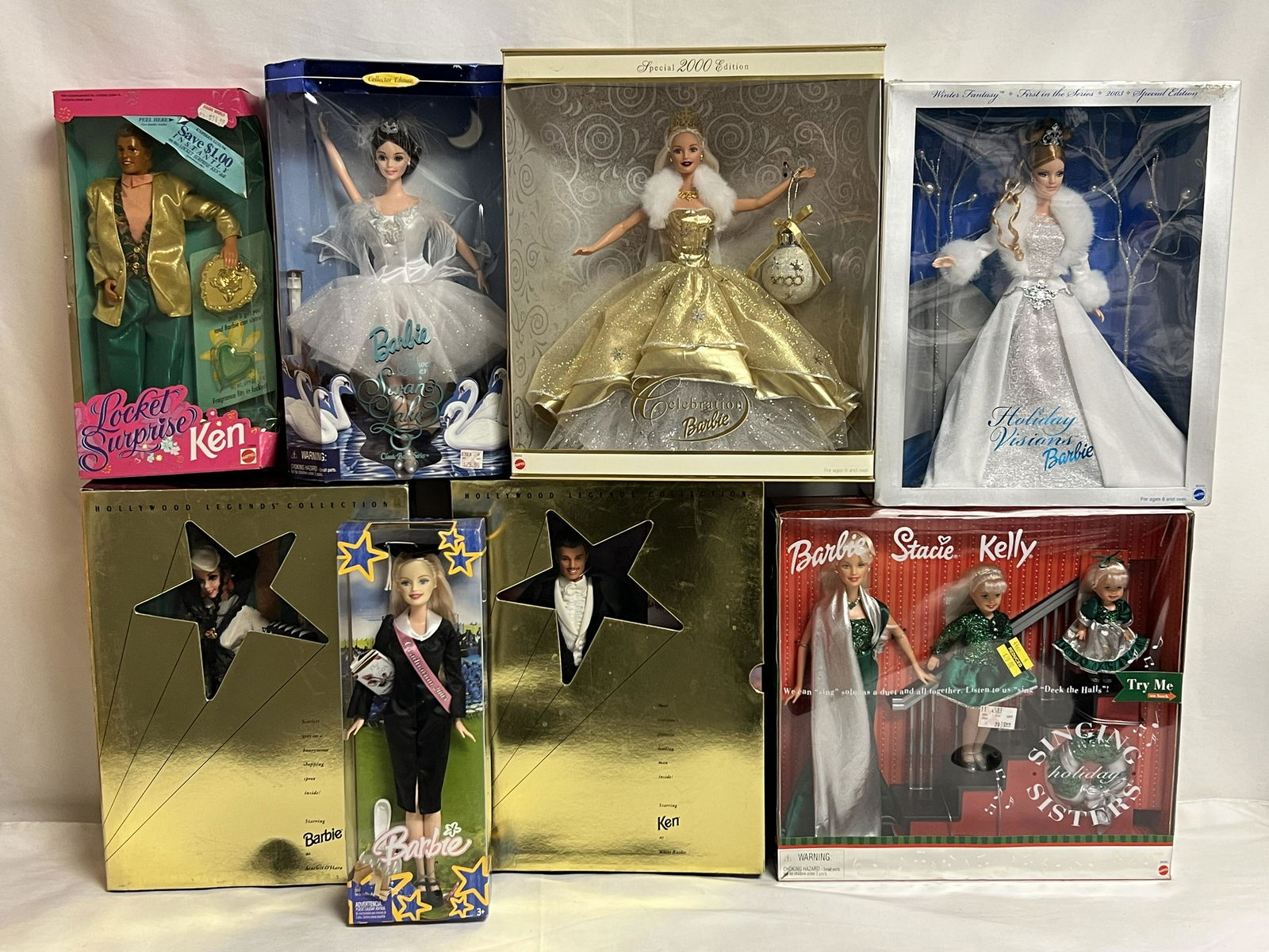 (8)Asst Barbies in Original Boxes - Barbie, Stacie & Kelly Singing Barbies, Locket Surprise Ken,: (8)Asst Barbies in Original Boxes - Barbie, Stacie & Kelly Singing Barbies, Locket Surprise Ken, Swan Lake, Holiday Visions, 2000 Celebration, Rhett & Scarlet + More