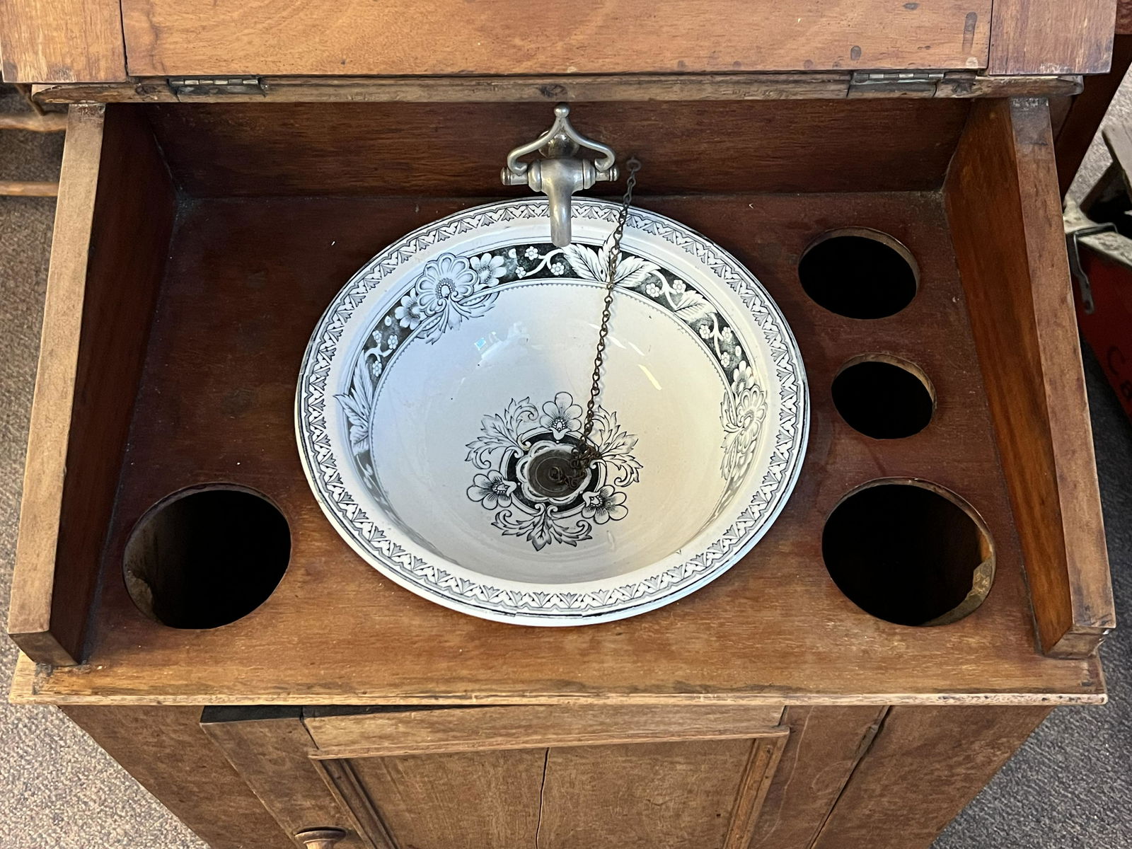 Atq Ship Sink Cabinet w/ Original Sink - Original Porcelain Sink & Stopper w/ Galvanized Tank for (1 of 7)