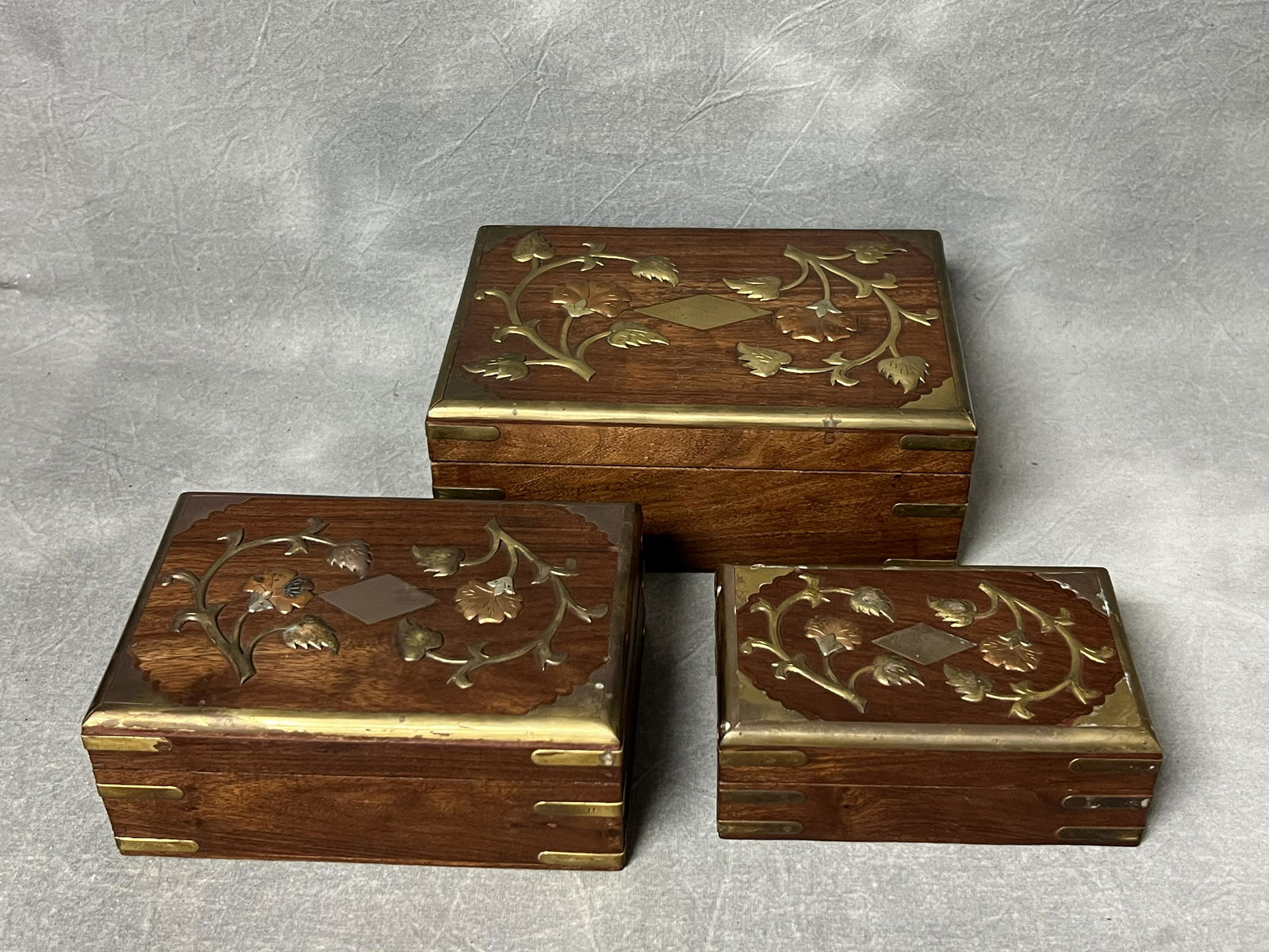 (3)Wooden Nesting Boxes w/ Brass / Copper - Large 8.5'' x 6'' x 3.25'' , Medium 7'' x 5'' x 2.5'', (1 of 5)