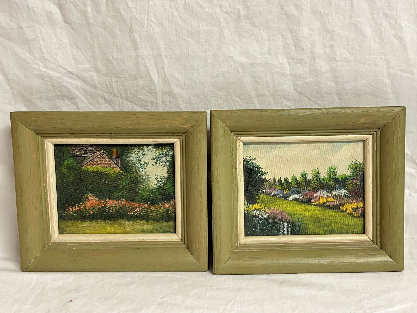 Pr. Vintage Schallis Garden Oil Canvas Board - Garden Scene, Framed 7'' x 6'' , Sight 5'' x 4'' (1 of 5)