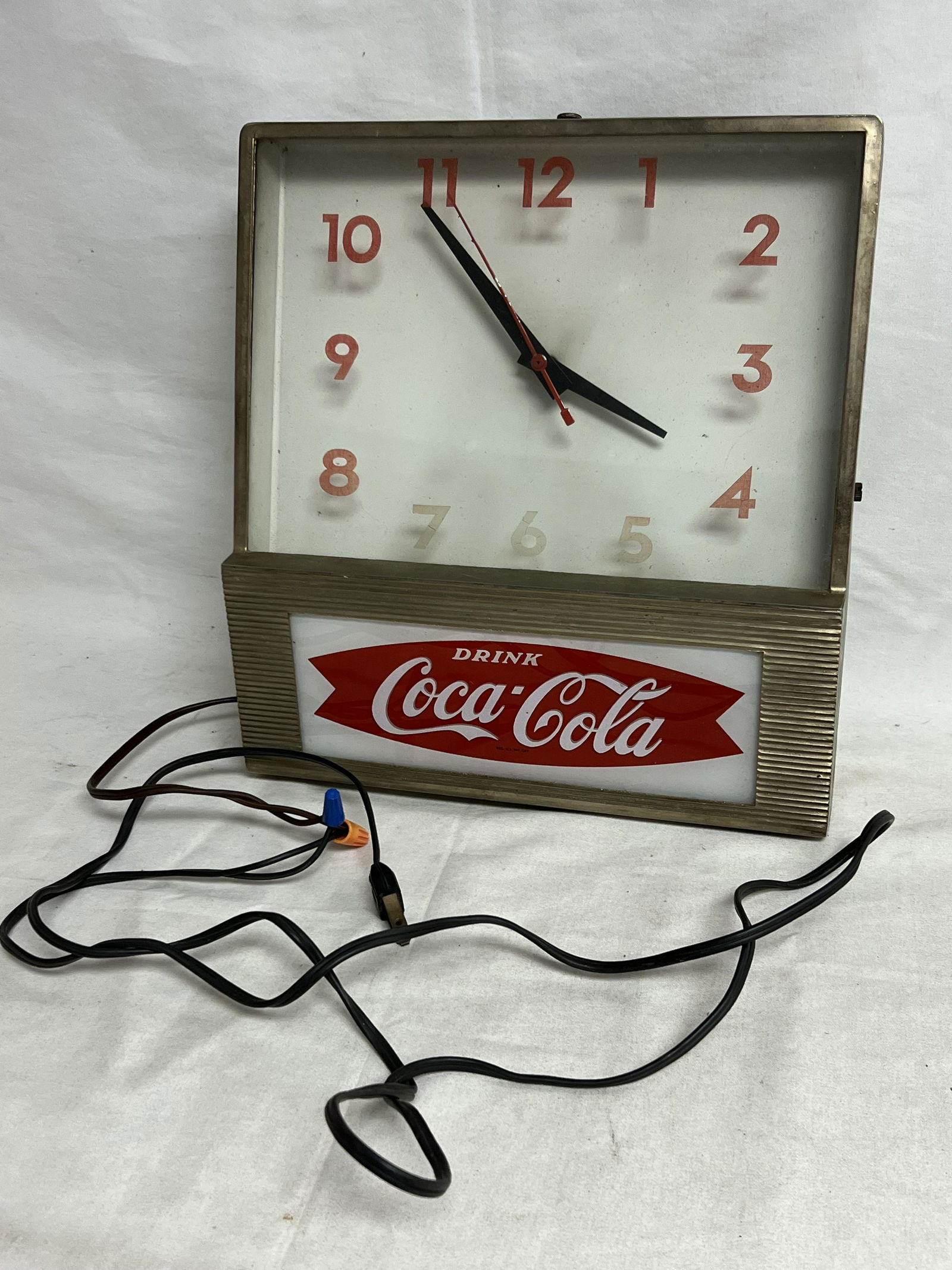 1950s Coca-Cola Fishtail Lighted Clock - Gold Tone Metal Case w/ Glass by Synchron (Works, Needs (1 of 3)