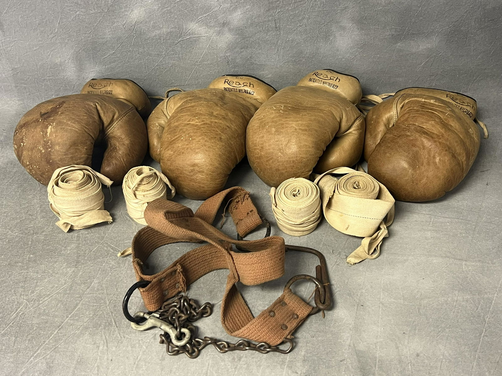 2prs. Early 1900s Reach Boxing Gloves,More - Bag Hook, 2prs. Cloth Wrist Wraps (1 of 6)
