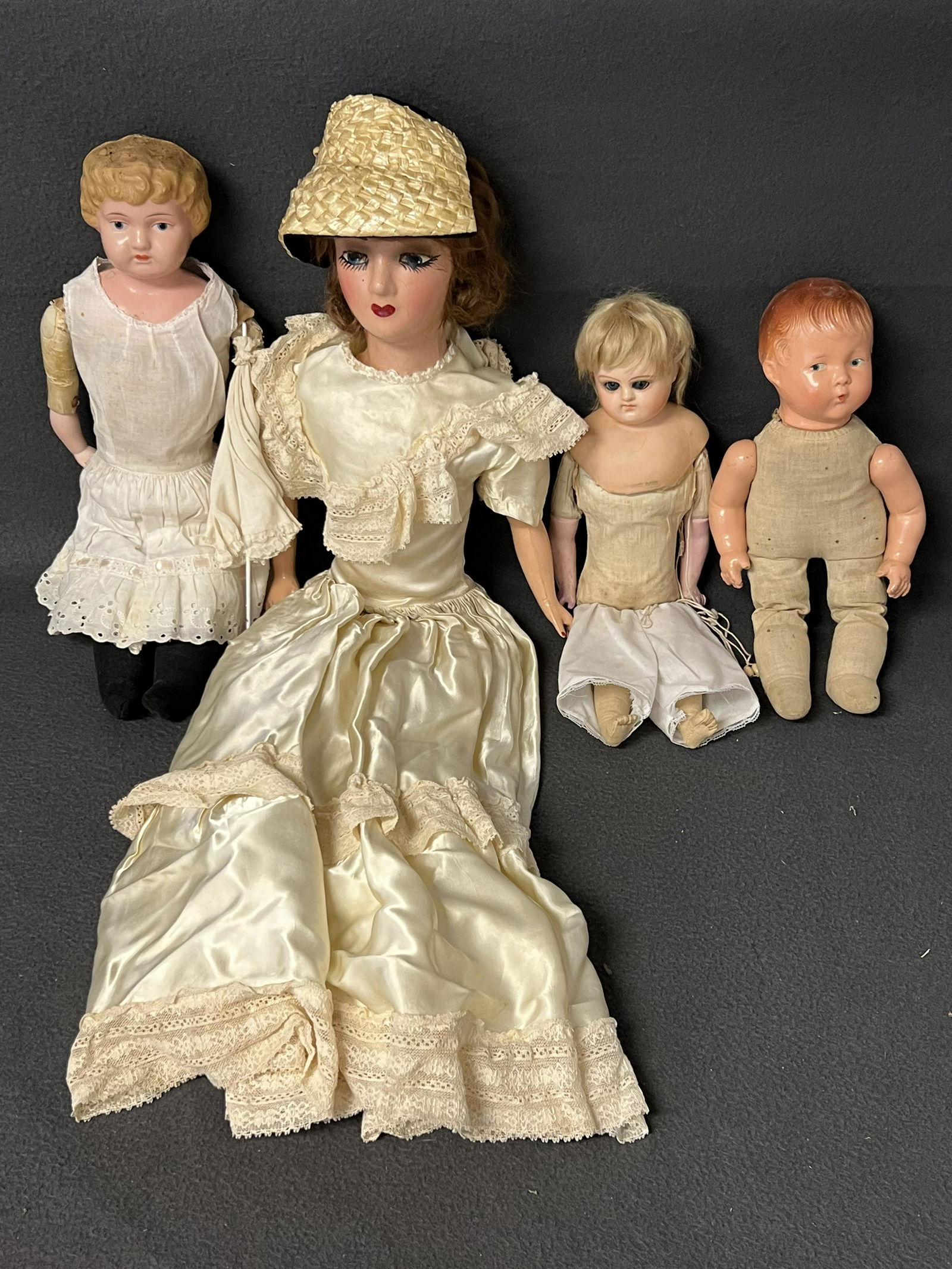 (4)Antique Dolls - German + More - (3)w/ Handpainted Faces - (1)Large Lady w/ Hat 25'' Tall (1 of 9)