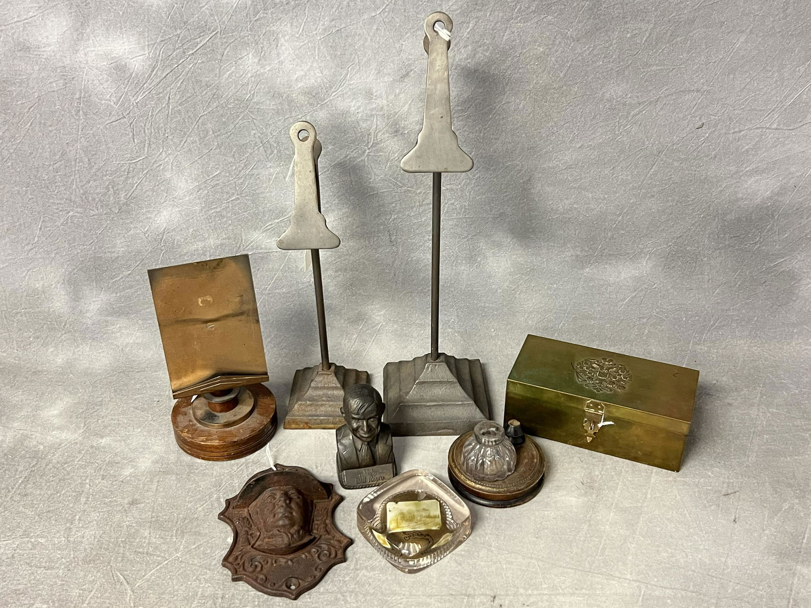 Atq / Vtg Items- Inkwell,Copper Holder,More - Atq Souvenir Paperweight, Figure Match Striker, Will (1 of 7)