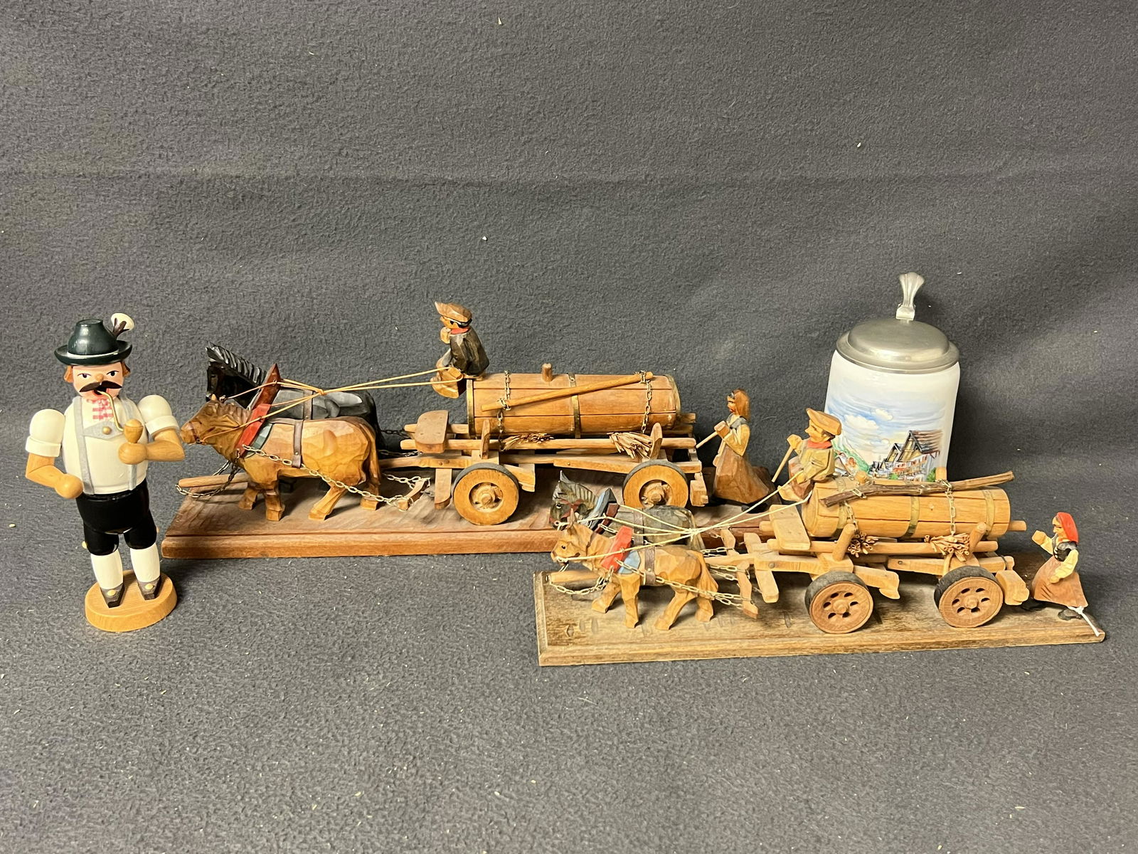 Vtg German Carved Beer Carts,Stein,Smoker - (2)HandCarved Ox + Cow Pulled Beer Carts, Wooden Incense (1 of 10)