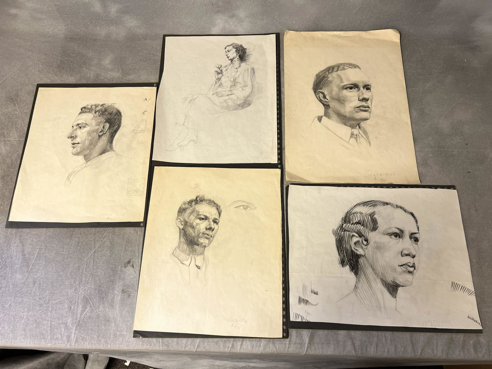 (5)Vintage Pencil Portrait Sketches, 11'' x 13.5'' (1 of 6)