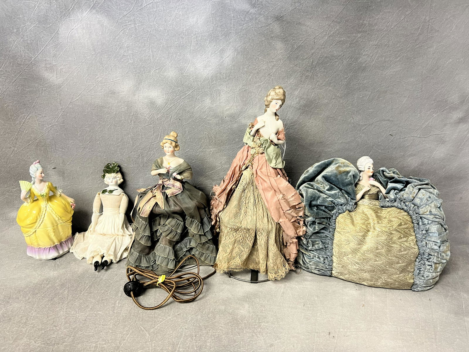 Atq/ Vtg Porcelain Doll, Lamp, Pillow - (2)Half Doll Lamps, (1) Pillow / PJ Holder, German Porcelain (1 of 8)