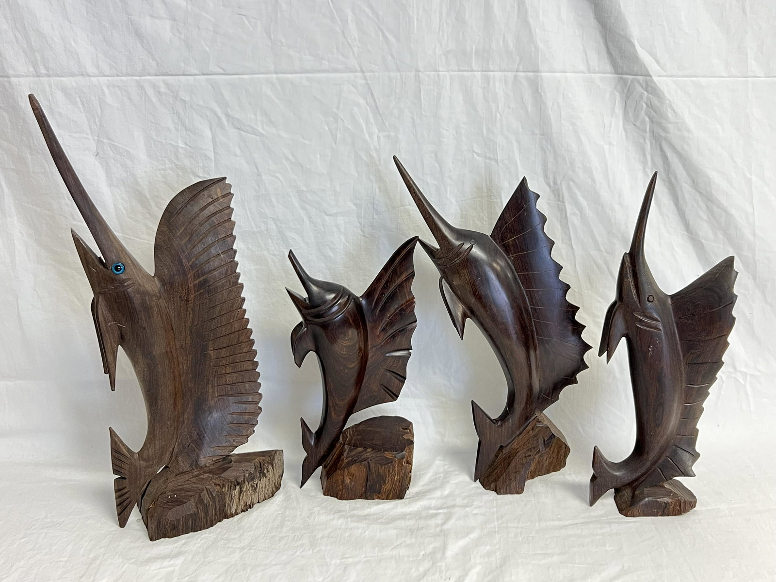 (4)Carved Wooden Sail Fish - Asst Sizes - 16.5'', 13.5'' , 13'' + 10'' (Inspect, See Photo): (4)Carved Wooden Sail Fish - Asst Sizes - 16.5'', 13.5'' , 13'' + 10'' (Inspect, See Photo)