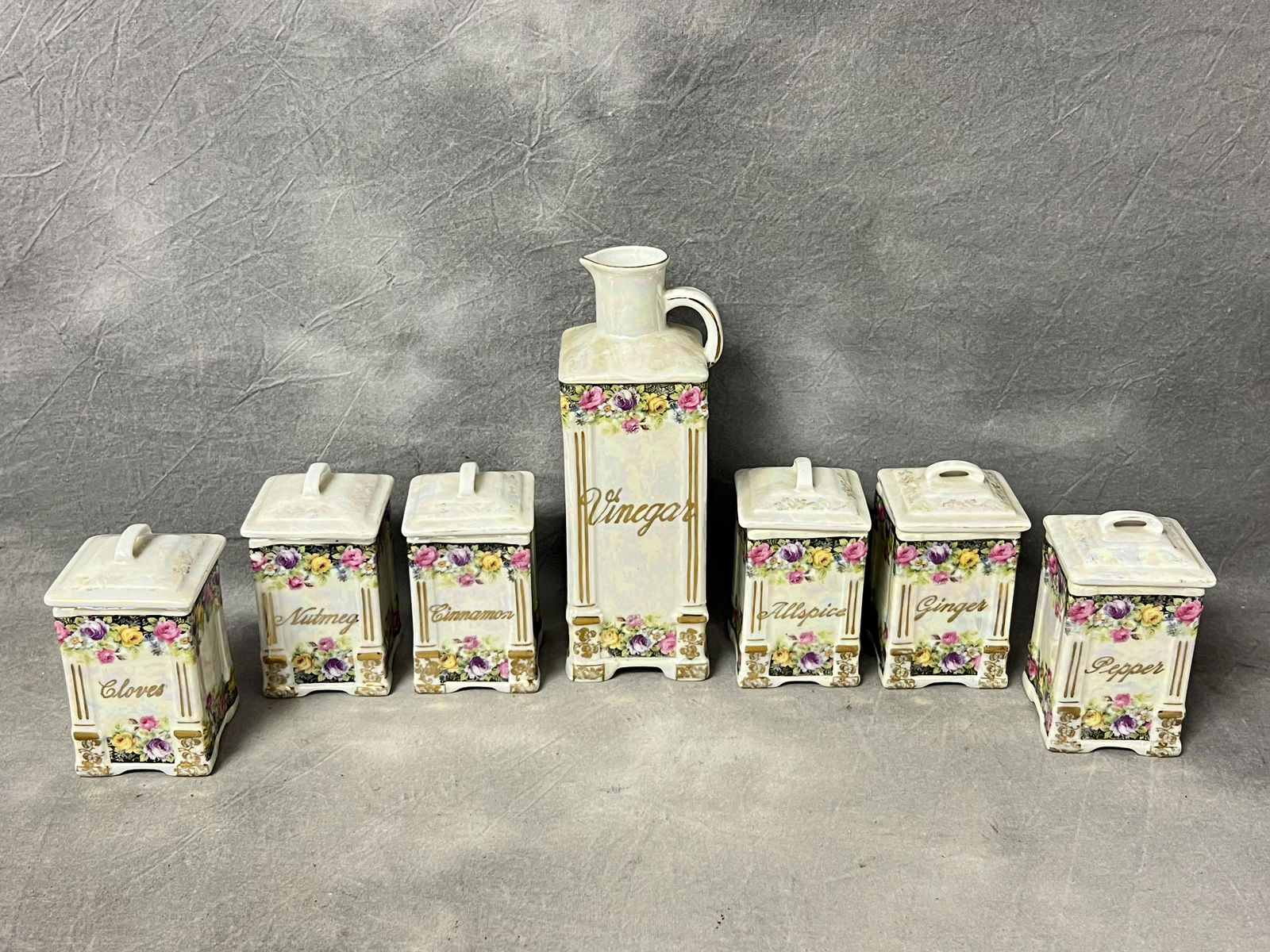 Vtg Czech Victoria Lusterware Spice Set - (6)Jars + Vinegar Bottle (1 of 5)