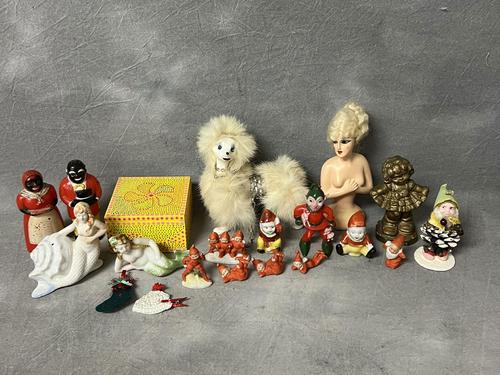 Vtg Items- Mermaids, Poodle w/ Fur,Elves,More - 1/2 Doll, Shirley Temple, Black Americana S&P + More (1 of 5)