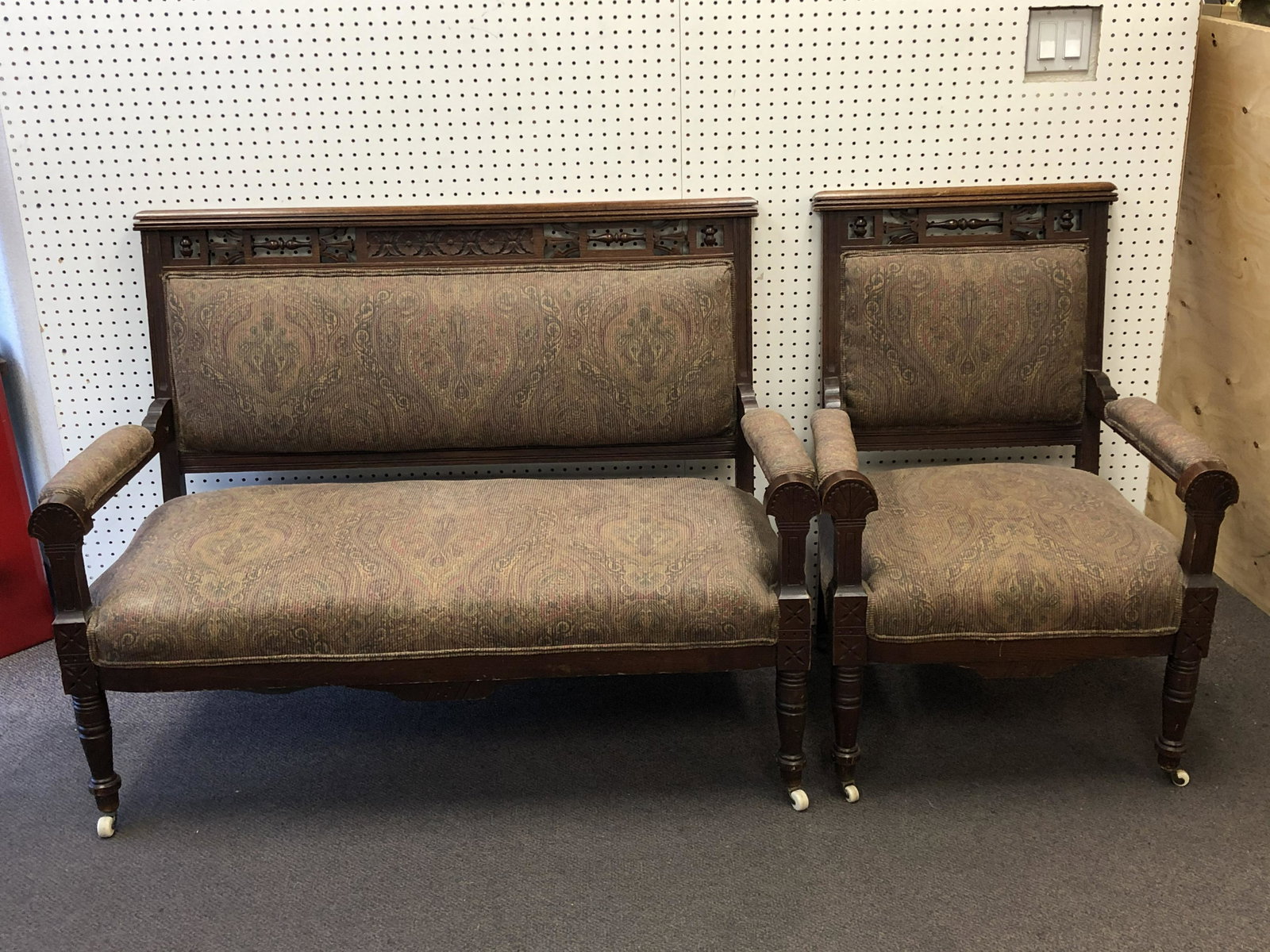 Atq Eastlake Settee & Matching ArmChair - Paisly Upholstery, Settee 49'' x 22'' x 36'' + Chair 26'' (1 of 5)