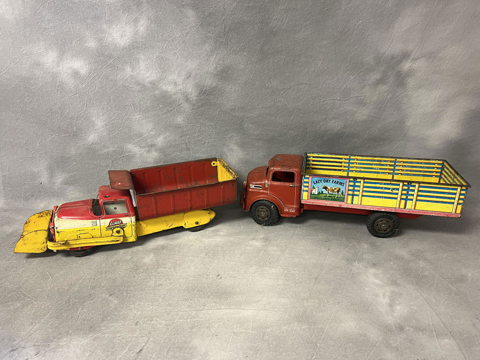 (2)1950s MARX Tin/Pressed Steel Litho Toy Trucks - Lazy Day Farms + Lumar Contractors (1 of 12)