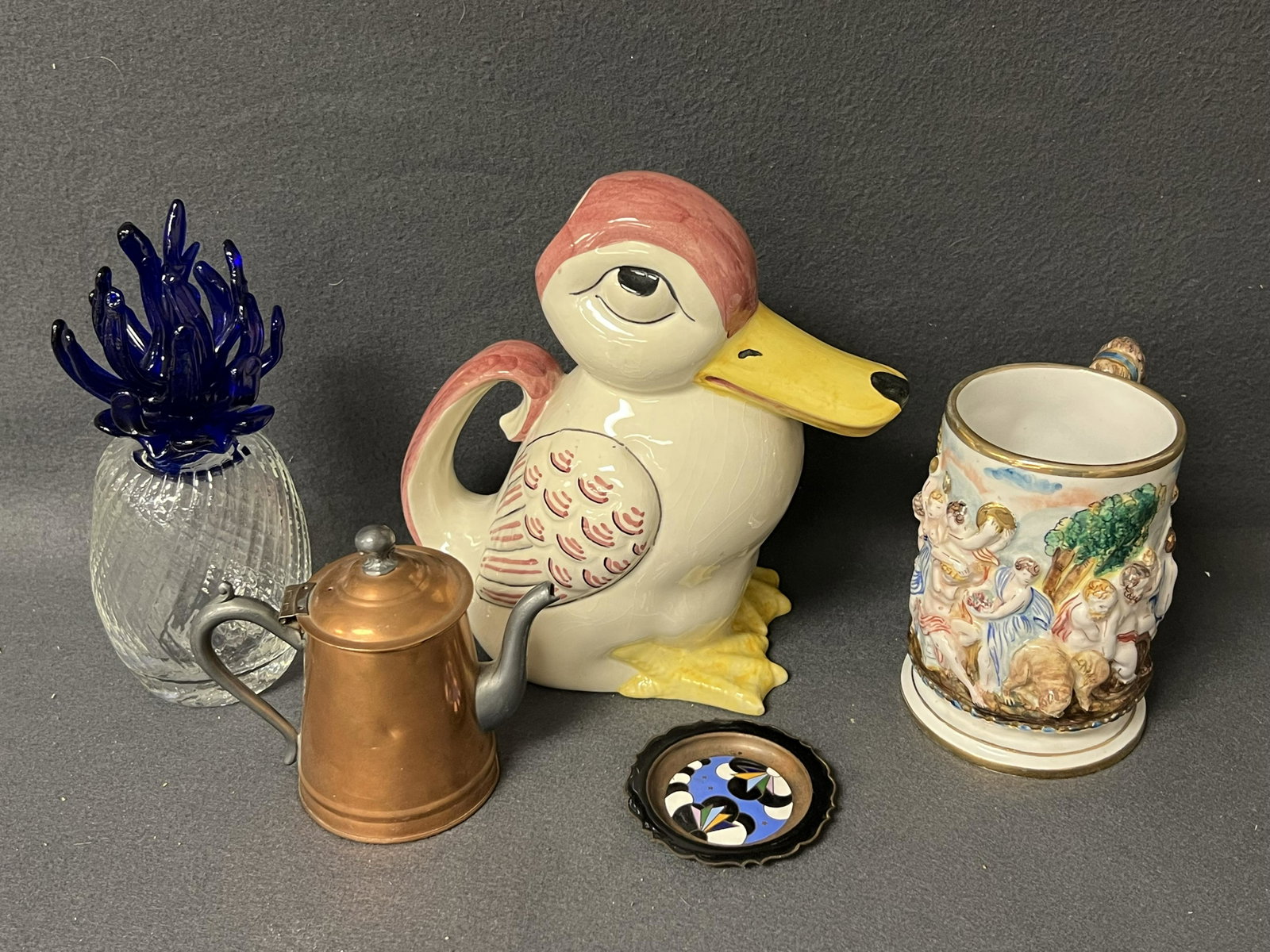 Portugal Duck Pitcher,Signed Glass Pineapple,More - Capodimonte Cherub Stein, Copper Creamer, German: Portugal Duck Pitcher,Signed Glass Pineapple,More - Capodimonte Cherub Stein, Copper Creamer, German Enameled Trinket Plate,More