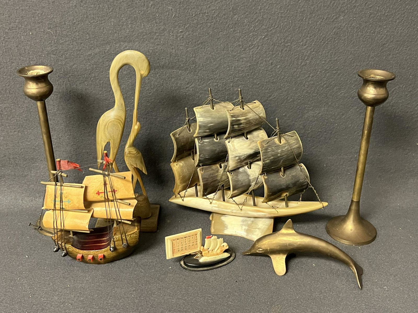 Vtg Ship Models, Brass Dolphin,Carved Stork - Vtg Ship Desk Calendar, Horn / Shell Ship Model, Brass: Vtg Ship Models, Brass Dolphin,Carved Stork - Vtg Ship Desk Calendar, Horn / Shell Ship Model, Brass Candlesticks + Dolphin Figure, Wooden Carved Storks