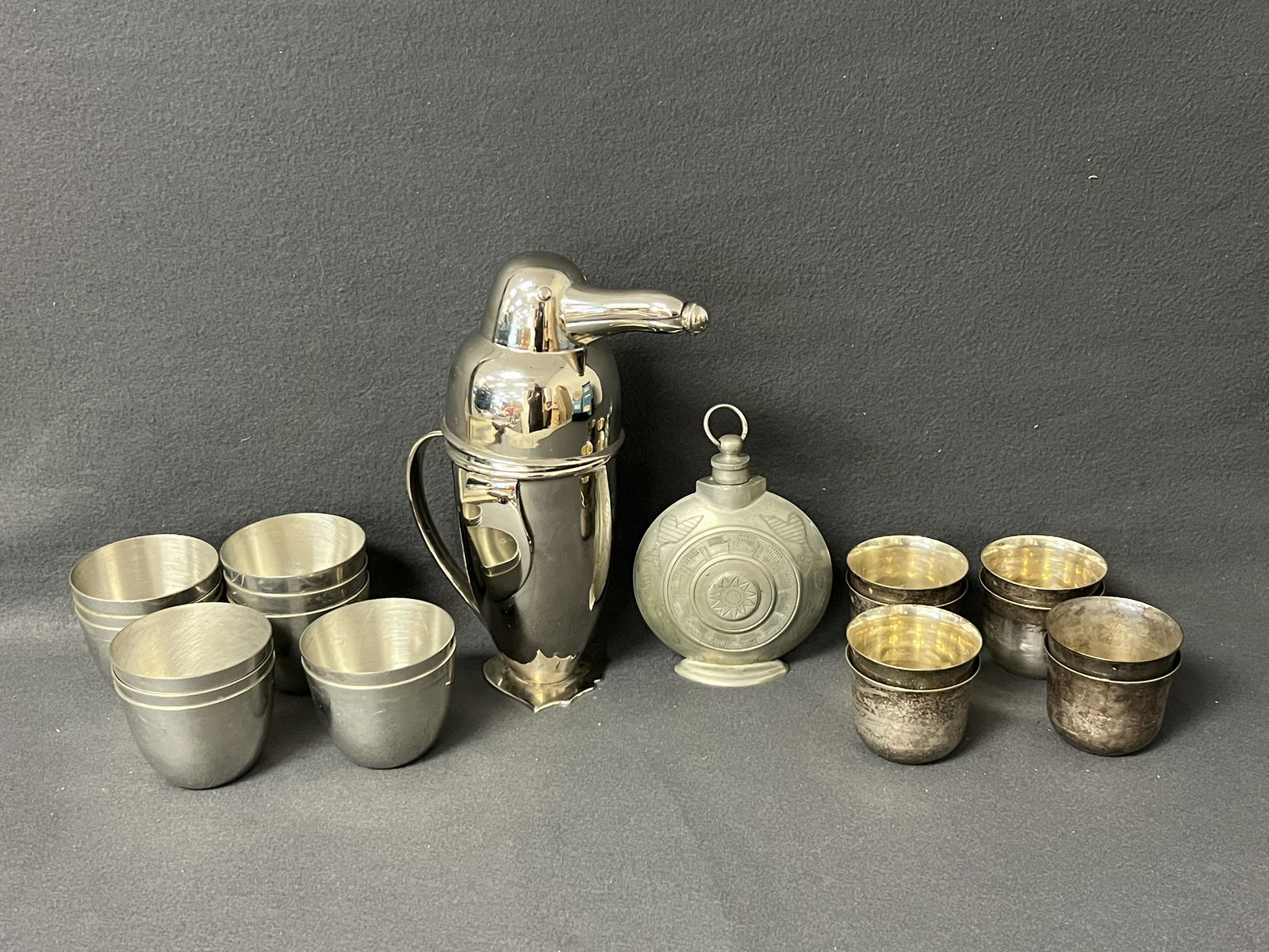 Pelican Shaker, Sheridan Silverplated,Flask - (11)Leonard Jefferson Cups, Etched Flask, (8)Cups (1 of 9)