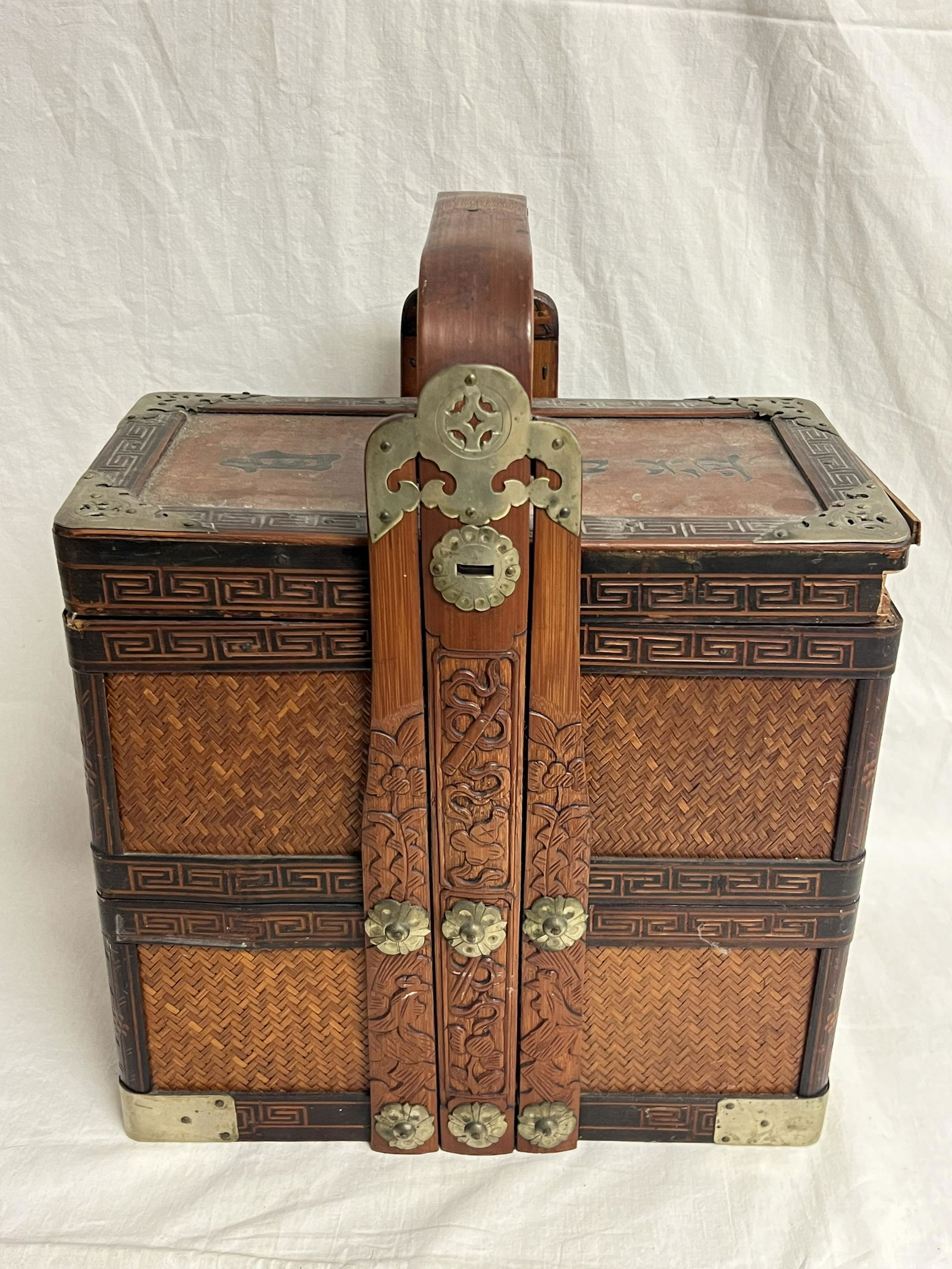 Chinese Tiered Bamboo Food Basket - Brass Accents (Inspect, See Photos) (1 of 9)