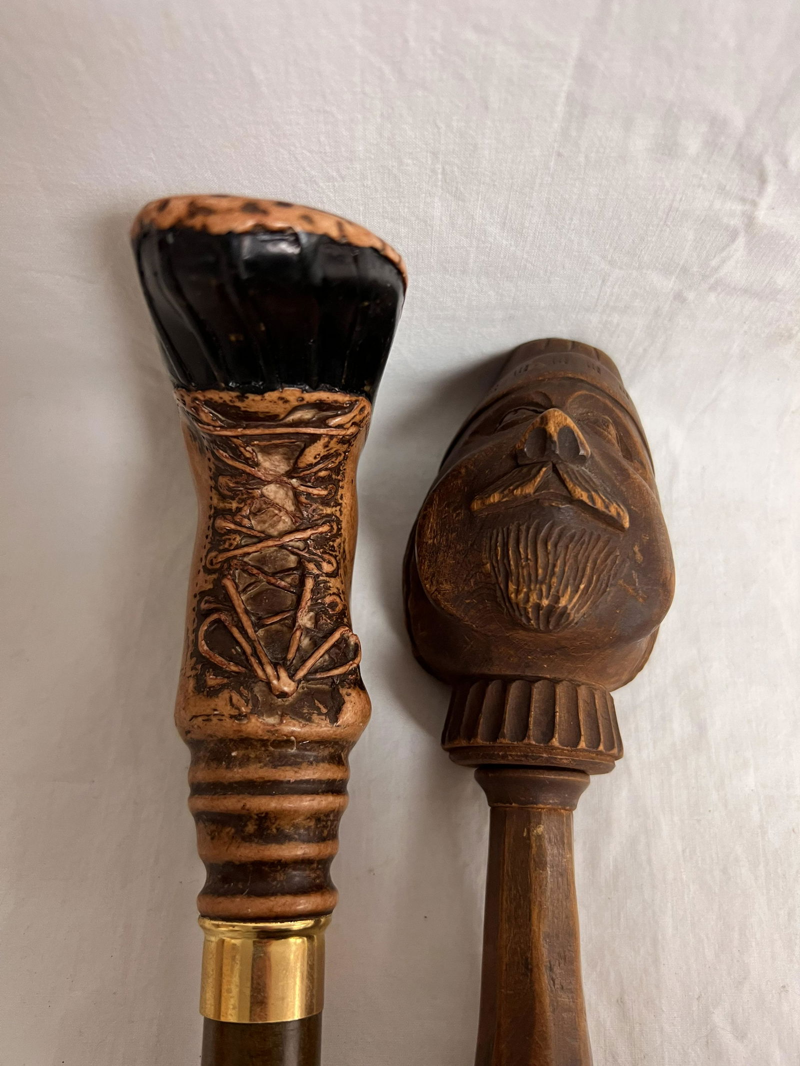 (2)Wooden Vintage Canes, Folk Art, Shoe - Carved Folk Art Head Cane 39'' , Cane w/ Shoe Handle 38'' (1 of 5)