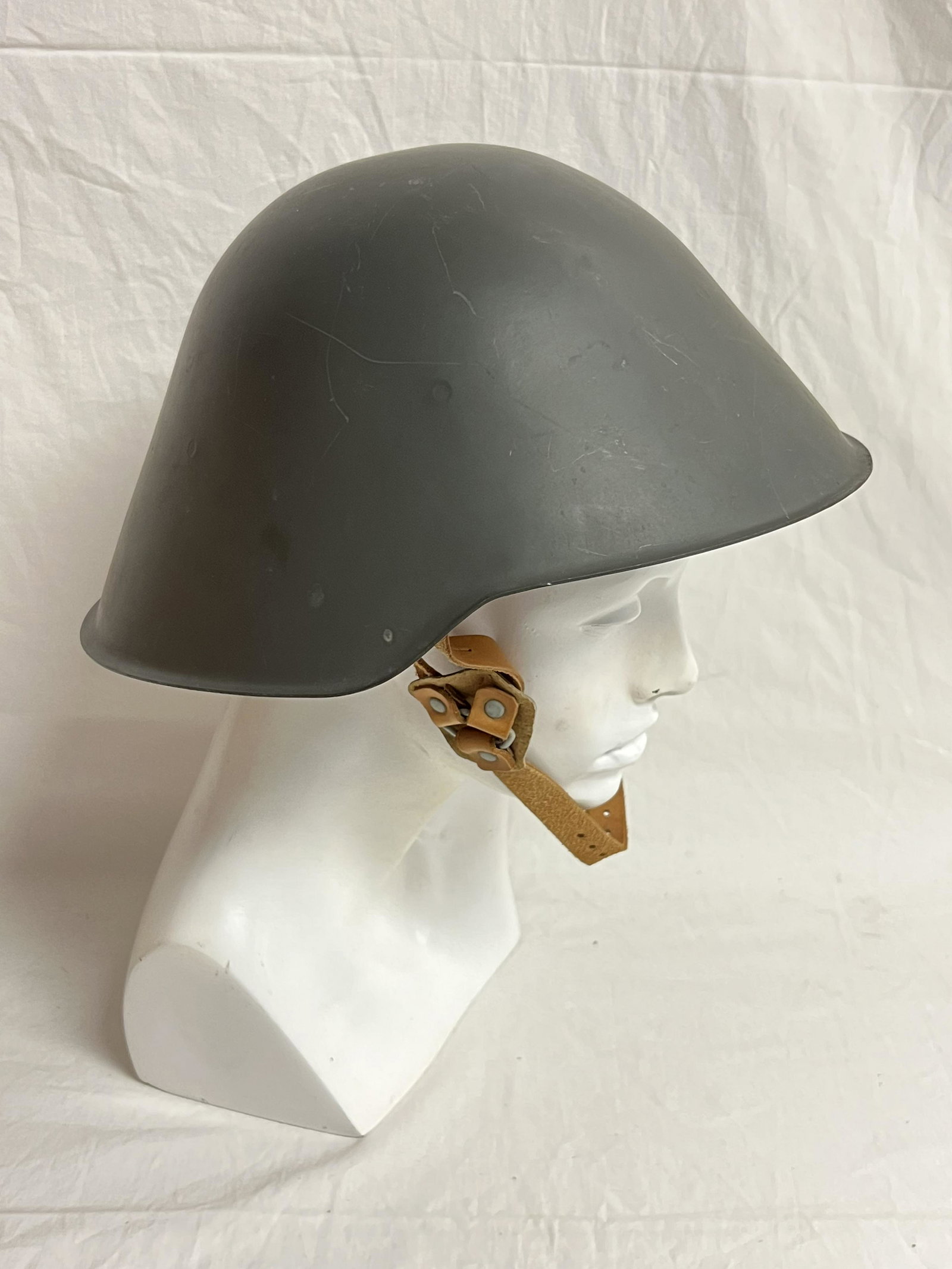 East German M56/76 NVA DDR Steel Helmet - NOS - Leather Strap Marked, Linear Plastic Suspension w/: East German M56/76 NVA DDR Steel Helmet - NOS - Leather Strap Marked, Linear Plastic Suspension w/ Foam Pads