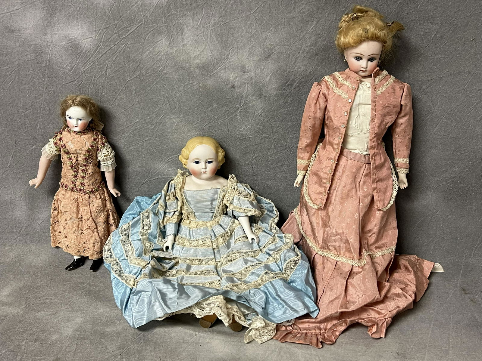 (3)Atq/Vtg Dolls- Parian Flat Top + Bisque - 12'' Parian w/ Blue Glass Eyes, 15.5'' Bisque Blue Eyed (1 of 7)