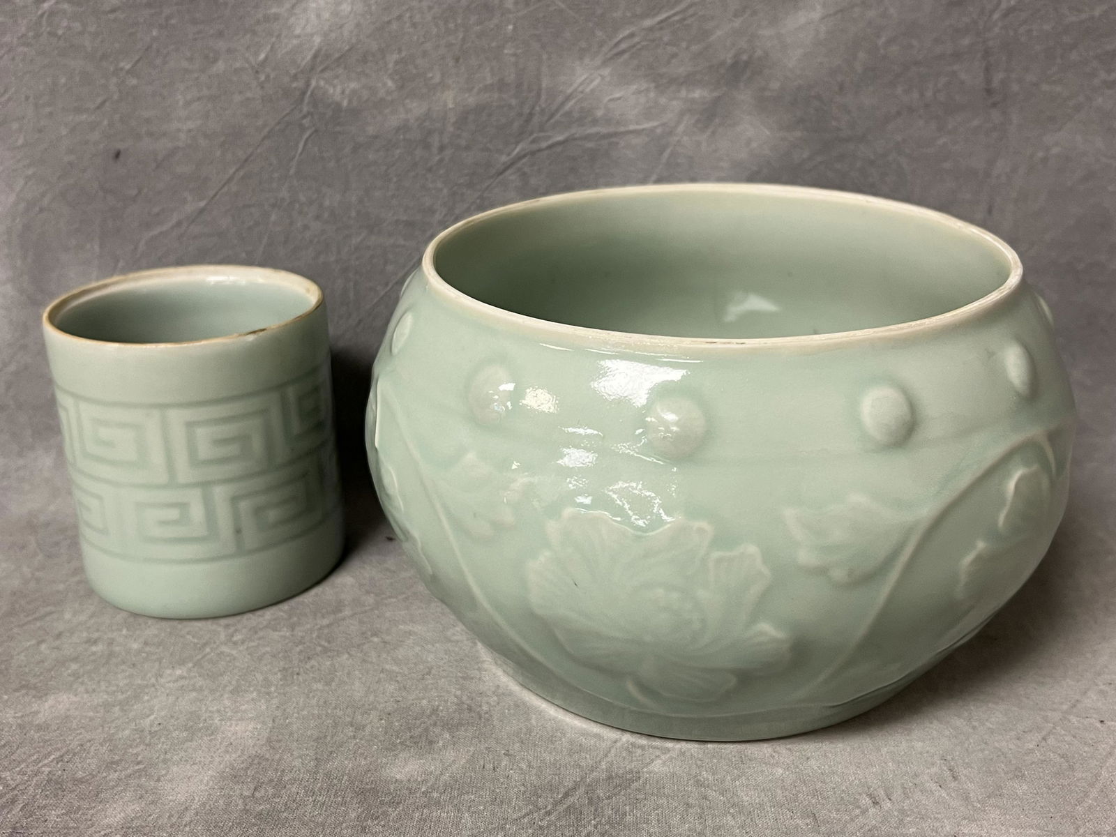 Chinese Celadon Bowl & Cup - Bowl 6.5'' x 4.5'' , Cup 3.25'' x 3.5'': Chinese Celadon Bowl & Cup - Bowl 6.5'' x 4.5'' , Cup 3.25'' x 3.5''