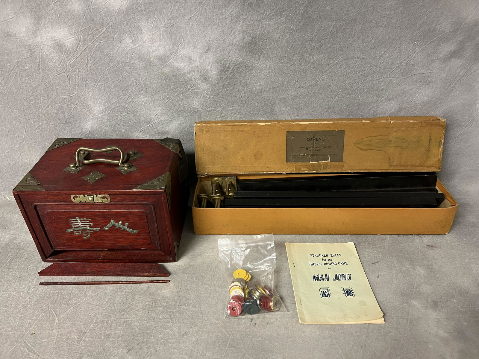 Antique/ Vtg Mahjong Set w/ M.S.Cowen Counters - Wood & Brass Case (Needs Work), 148pcs w/ Atq (1 of 10)