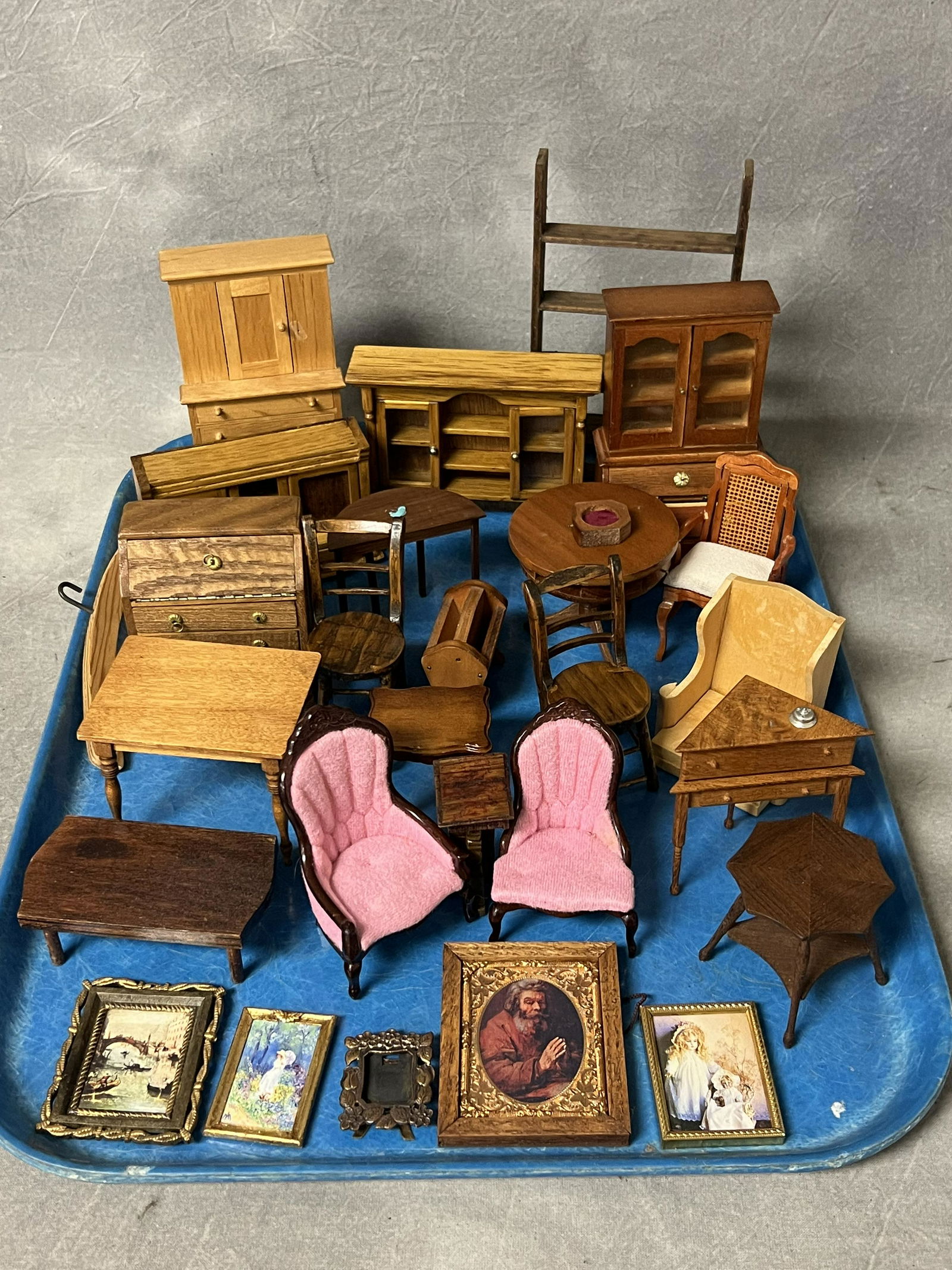 Asst Wooden Doll Furniture, Framed Art- Asst Makers Hutch, Drop Front Desk, Tables, Chairs, Various (1 of 7)