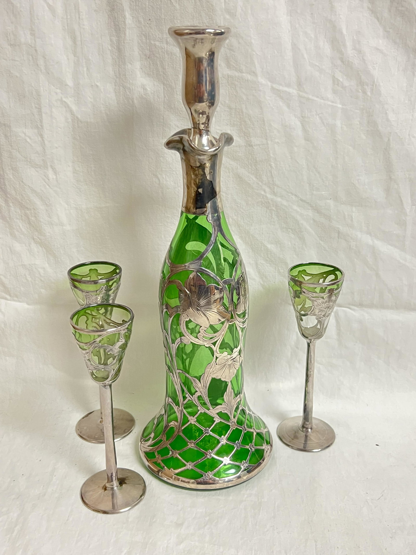 Sterling Silver Overlay Green Decanter & Stems - Vintage Emerald Green Sterling Overlay Stemware (1 of 6)