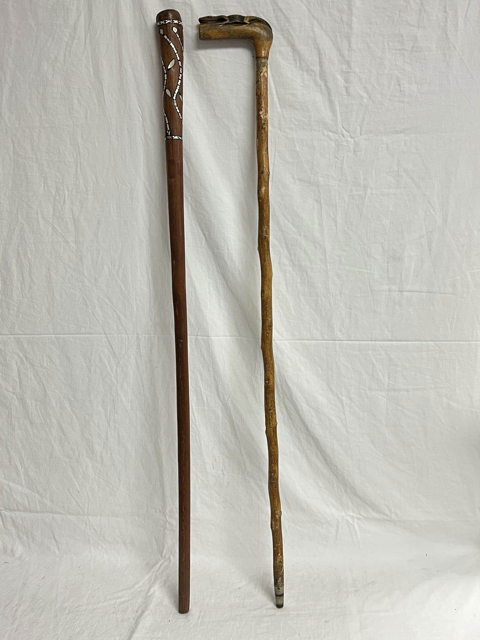 (2)Canes - 1 1896 Carved Lizard, Inlay M.O.P. - 35''L Lizard Carved Handle w/ Silver Plaque Dated (1 of 5)