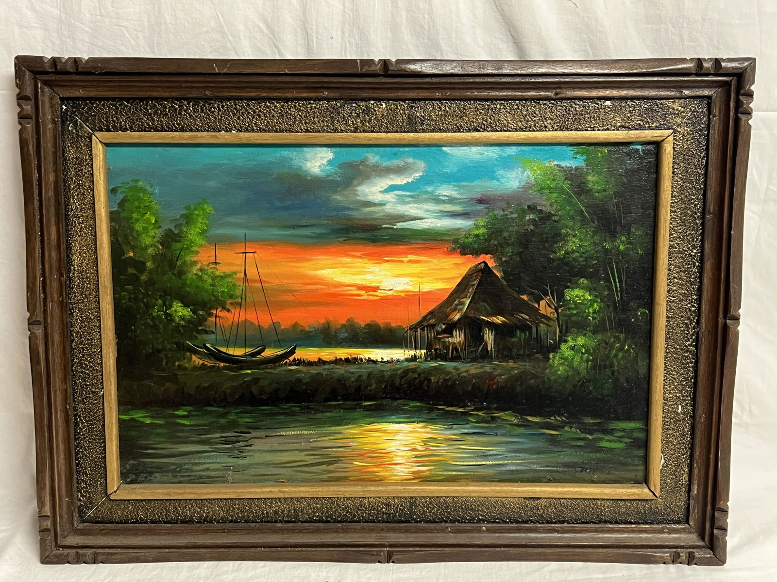 Signed Oil on Canvas of Island Sunset - Framed 25'' x 18'', Sight 20'' x 13'' (1 of 5)