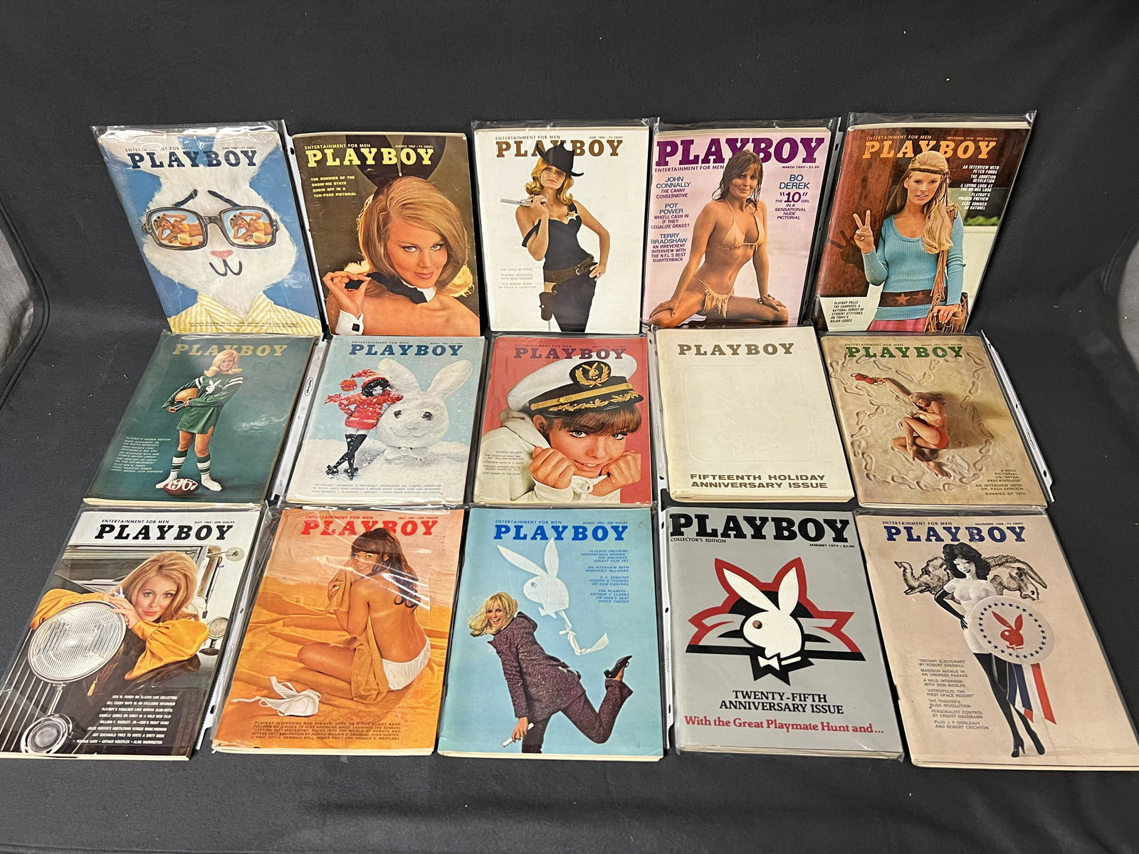 (44)Asst 1960s-2004 Playboy Magazines - (15)1960s including 15th Holiday Anniv., (6)1970s including: (44)Asst 1960s-2004 Playboy Magazines - (15)1960s including 15th Holiday Anniv., (6)1970s including 20th Anniv., (10)1980s Bo Derek, Joan Collins, Barbara Bach, (12)1990s Holiday, Tweed Sisters, (1)20