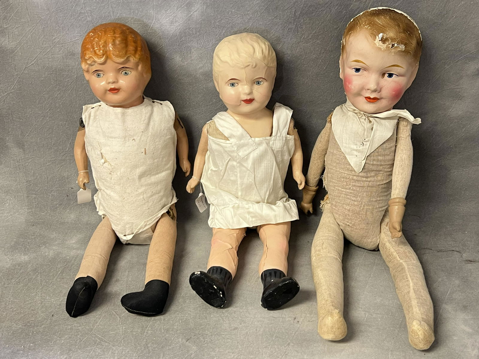 (3)Atq Ca.1910 Composition Dolls - (2)Cloth Bodies & Legs, (1)Cloth Body w/ Composition Arms / Legs (1 of 12)