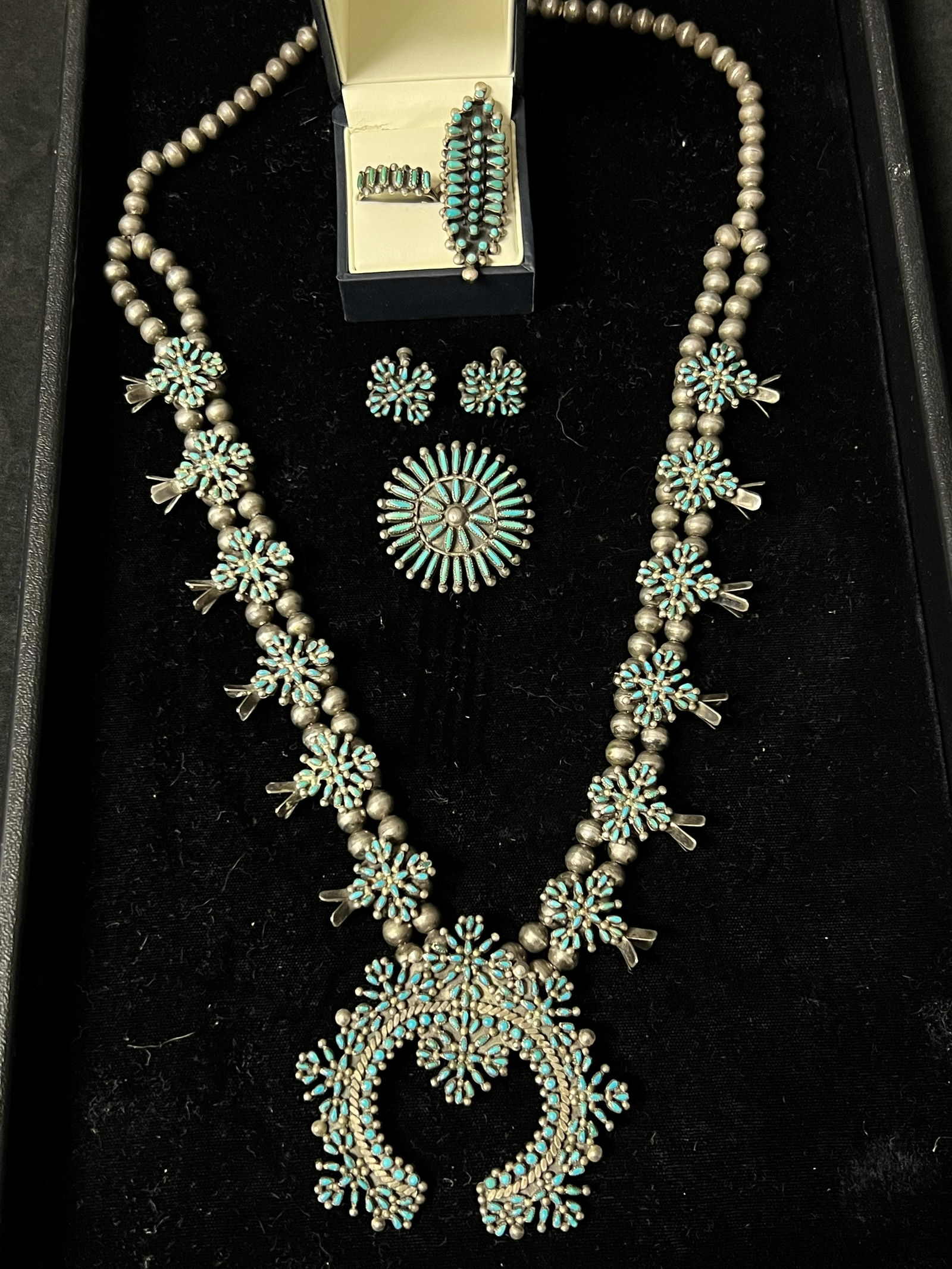 Vtg Zuni Petit Point Squash Sterling Necklace Set - 26''L Sterling Silver Old Pawn Squash Necklace (1 of 4)