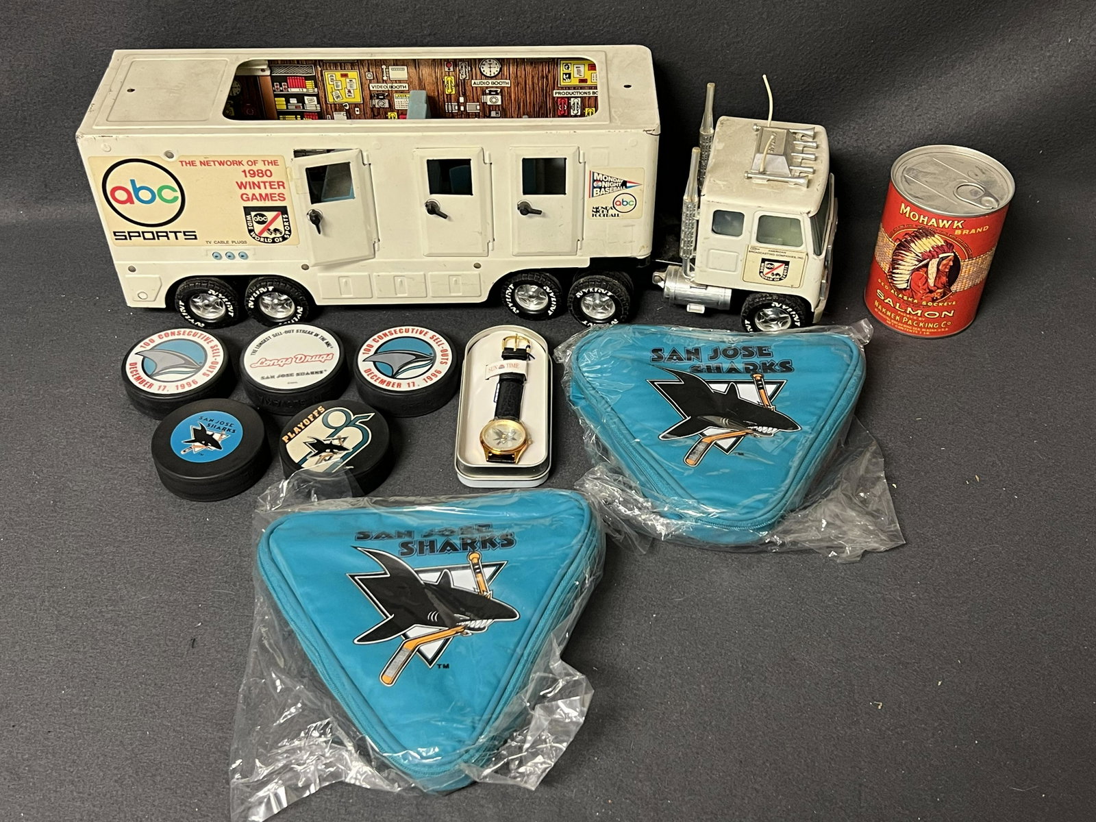 Nylint ABC Sports Truck, SJ Sharks Items - SJ Sharks Hockey Pucks, Bags + Wrist Watch, Mohawk: Nylint ABC Sports Truck, SJ Sharks Items - SJ Sharks Hockey Pucks, Bags + Wrist Watch, Mohawk T-Shirt in Sealed Can