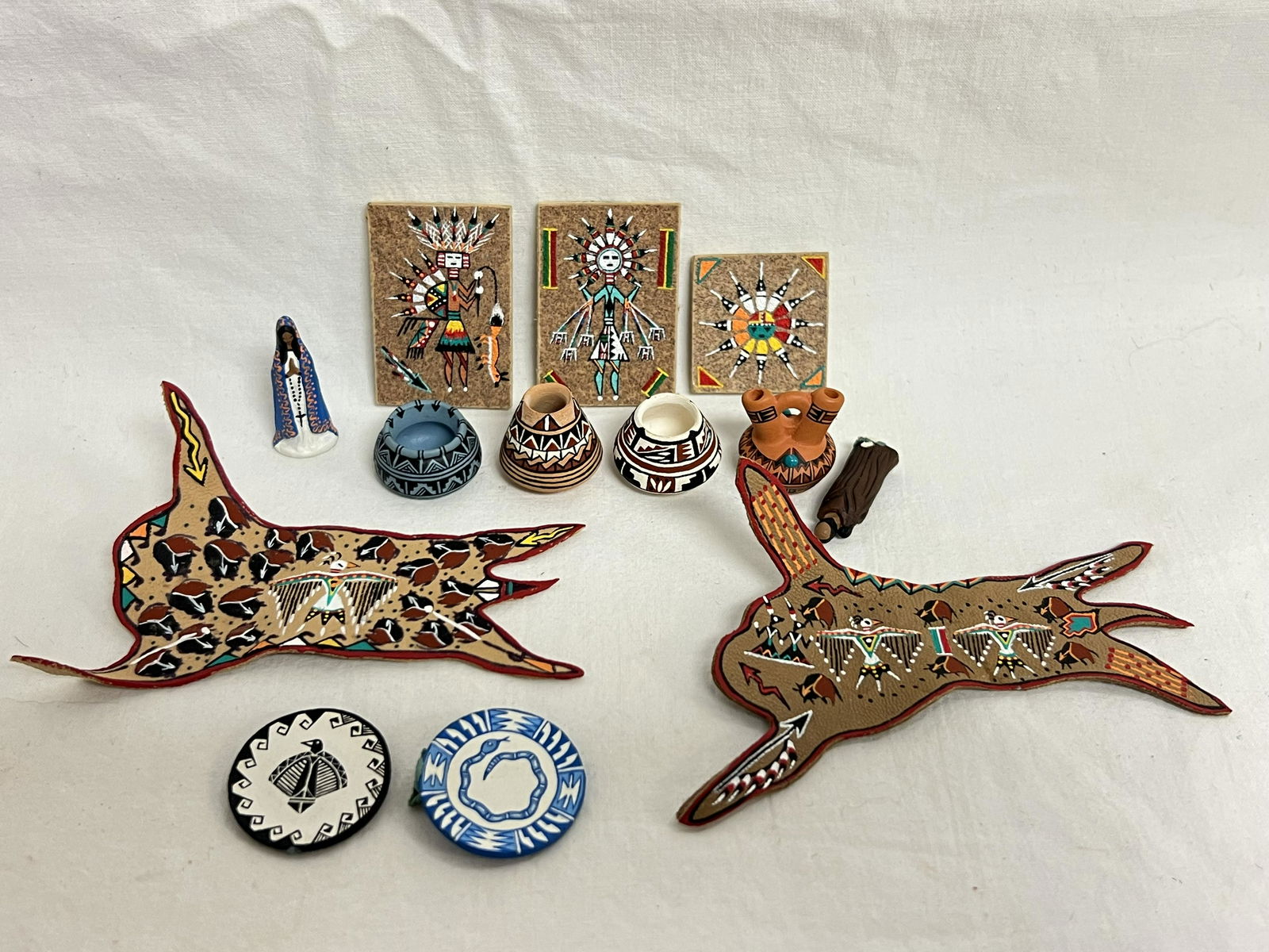 Signed Sal'e-Jo Native American Miniatures - (13)Total Items -Signed Pottery, Sand Art, Leather + (1 of 11)