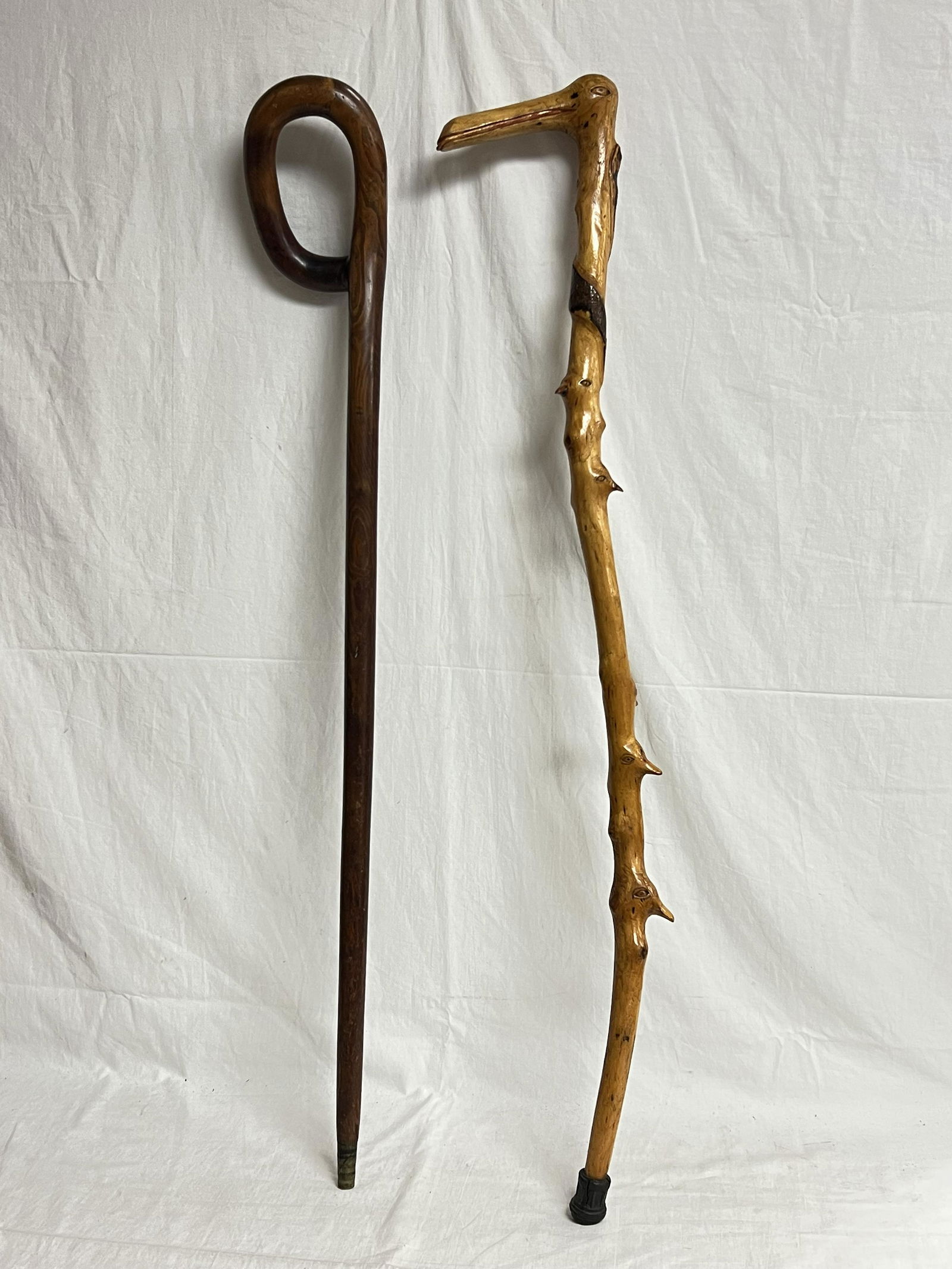 (2)Walking Sticks-Carved Duck + Bird Shaft & Handle- (1)35''L w/ Curved Handle, (1)36''L Carved Duck (1 of 9)
