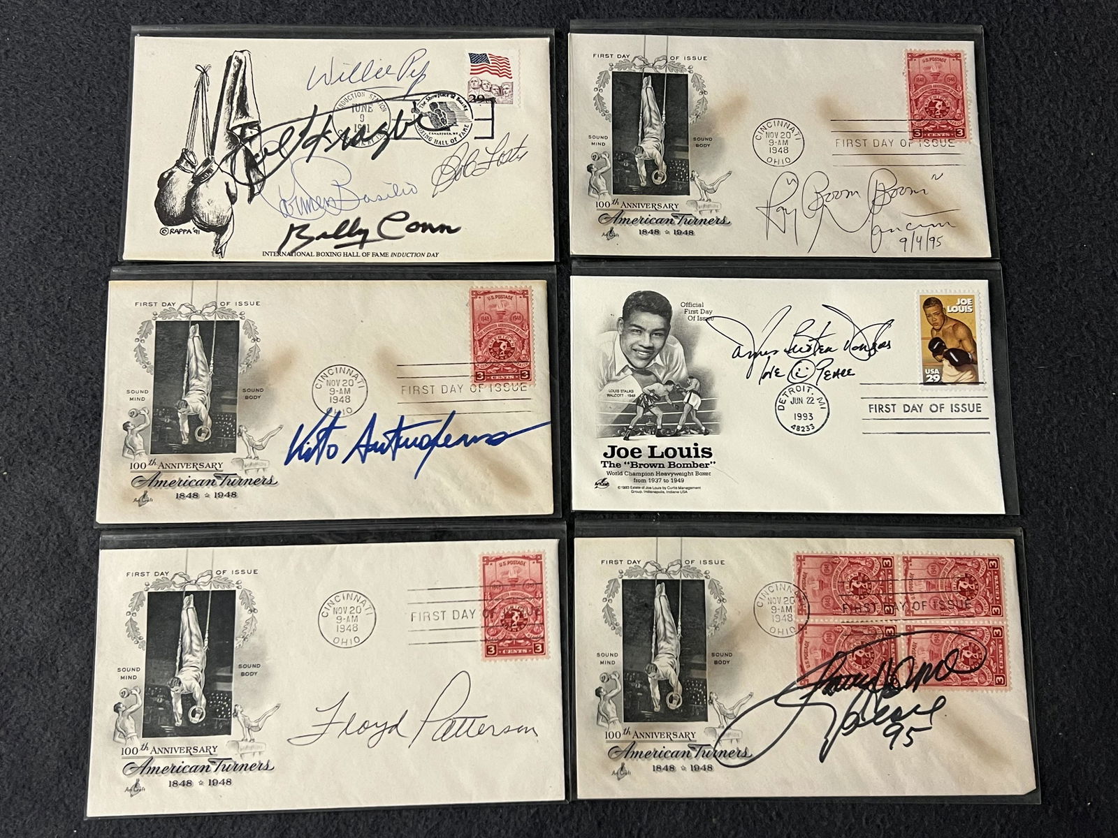 (6)Autographed Boxer 1st Day Covers w/COAs - Larry Holmes, James Buster Douglas, Floyd Patterson,: (6)Autographed Boxer 1st Day Covers w/COAs - Larry Holmes, James Buster Douglas, Floyd Patterson, Ray Boom Boom Mancini, Vito Antuofermo + (1)Signed by 5 - Willie Pep, Joe Frazier, Carmen Basilio, Bil