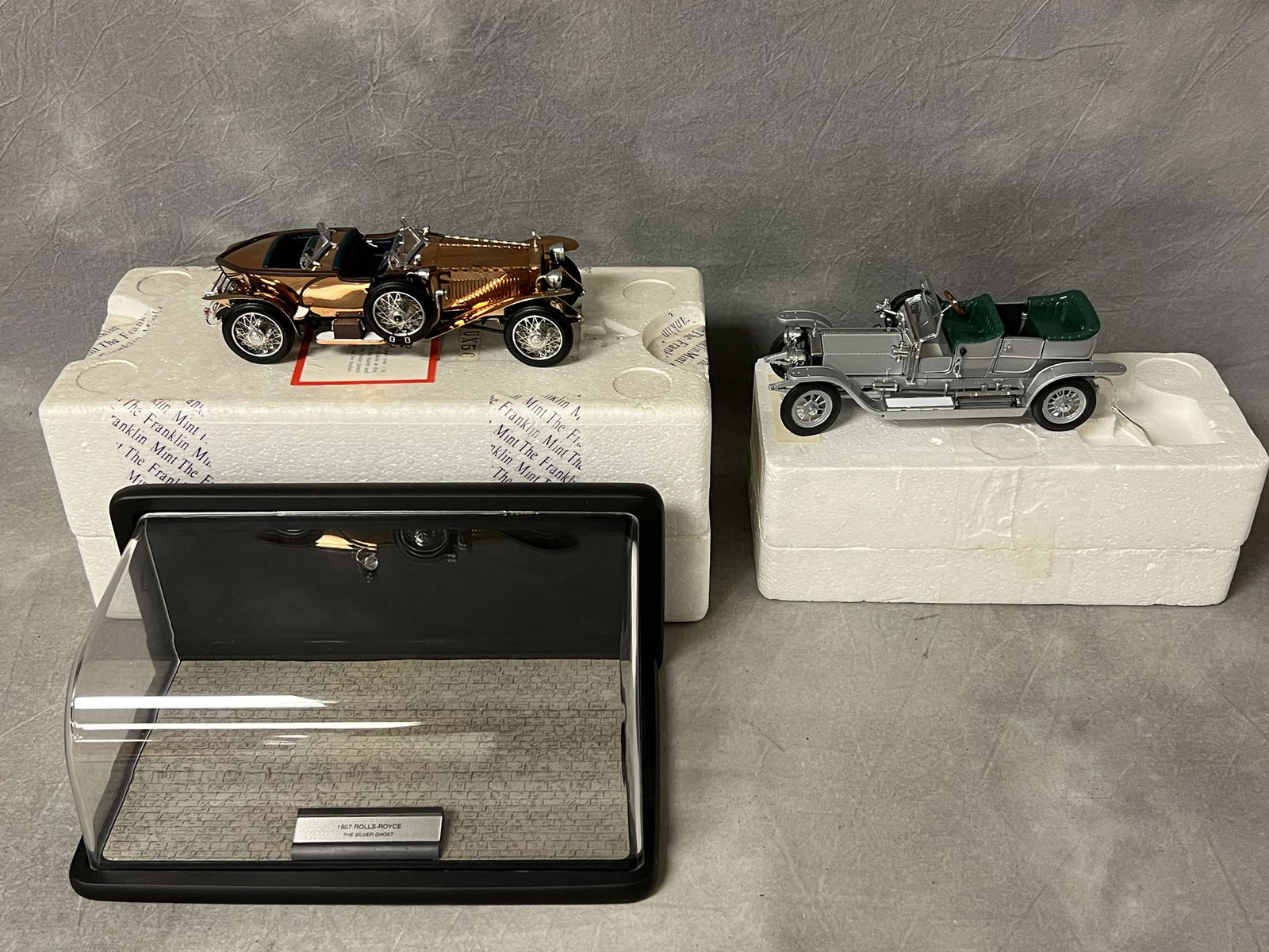 (2)DieCast 1907 + 1921 Rolls Royce Silver Ghost - Franklin Mint 1921 Copper Color + 1907 Silver w/ (1 of 11)