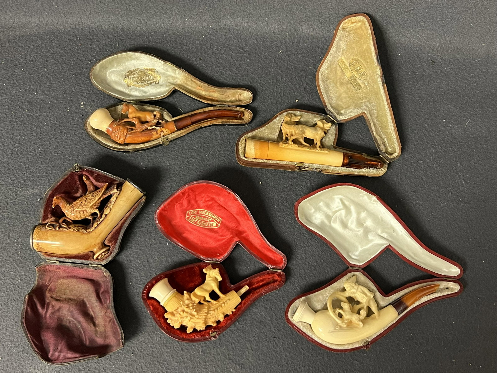 (5)Atq/ Vtg Cigar Holders + Smoking Pipes - Original Cases - Horse, Dog, Birds,  Boy w/ Dog - (1 of 14)
