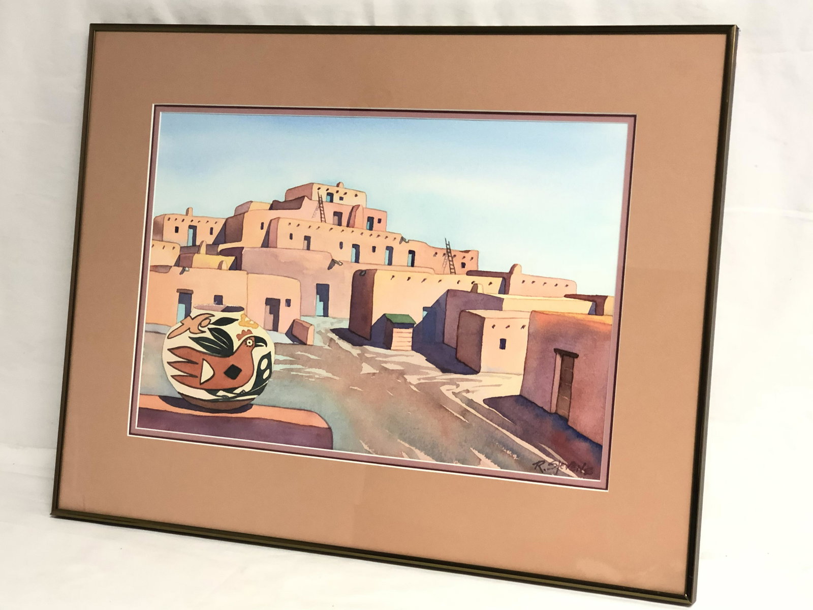 Robert G. Stevens(1926-2004) Watercolor - Original Watercolor ''Taos Pueblo'' Framed 26'' x 20'' , (1 of 3)
