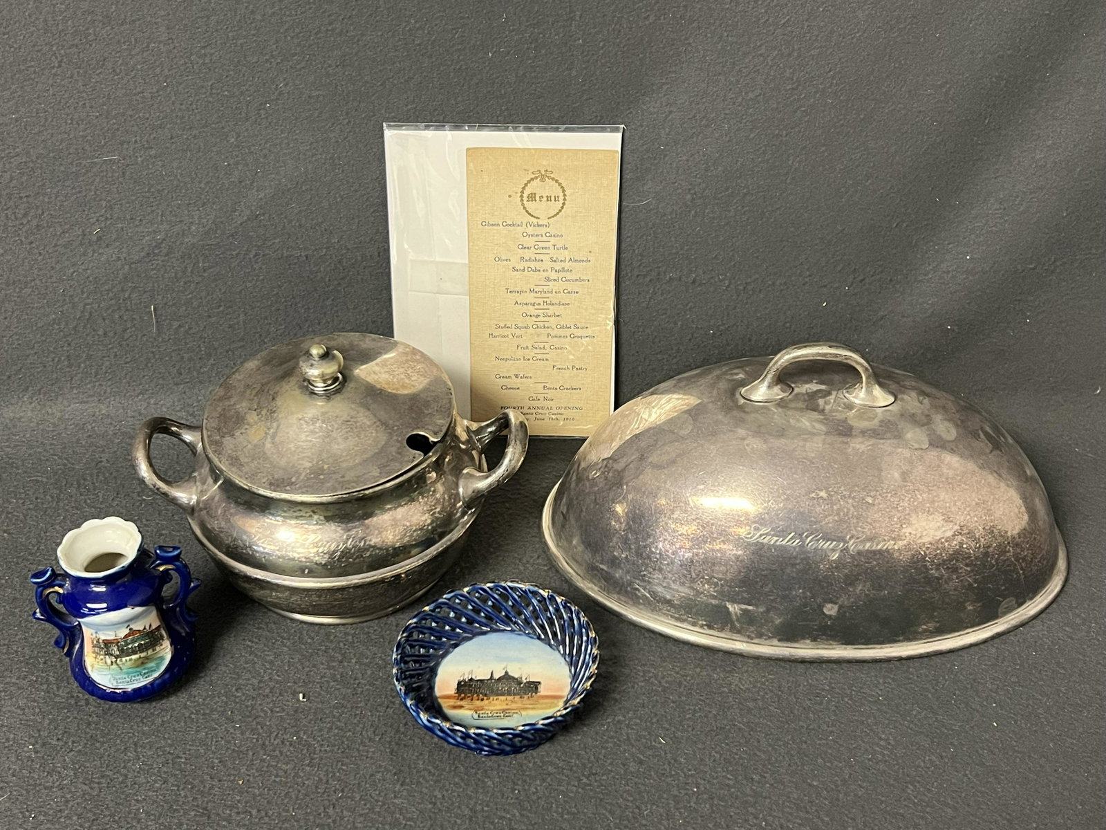 Atq Santa Cruz Casino Menu,DinnerWare,More - 1910 4th Annual Opening Santa Cruz Casino Menu, Sugar: Atq Santa Cruz Casino Menu,DinnerWare,More - 1910 4th Annual Opening Santa Cruz Casino Menu, Sugar Bowl Lid w/ Santa Cruz Casino Etched, Porcelain w/ Casino