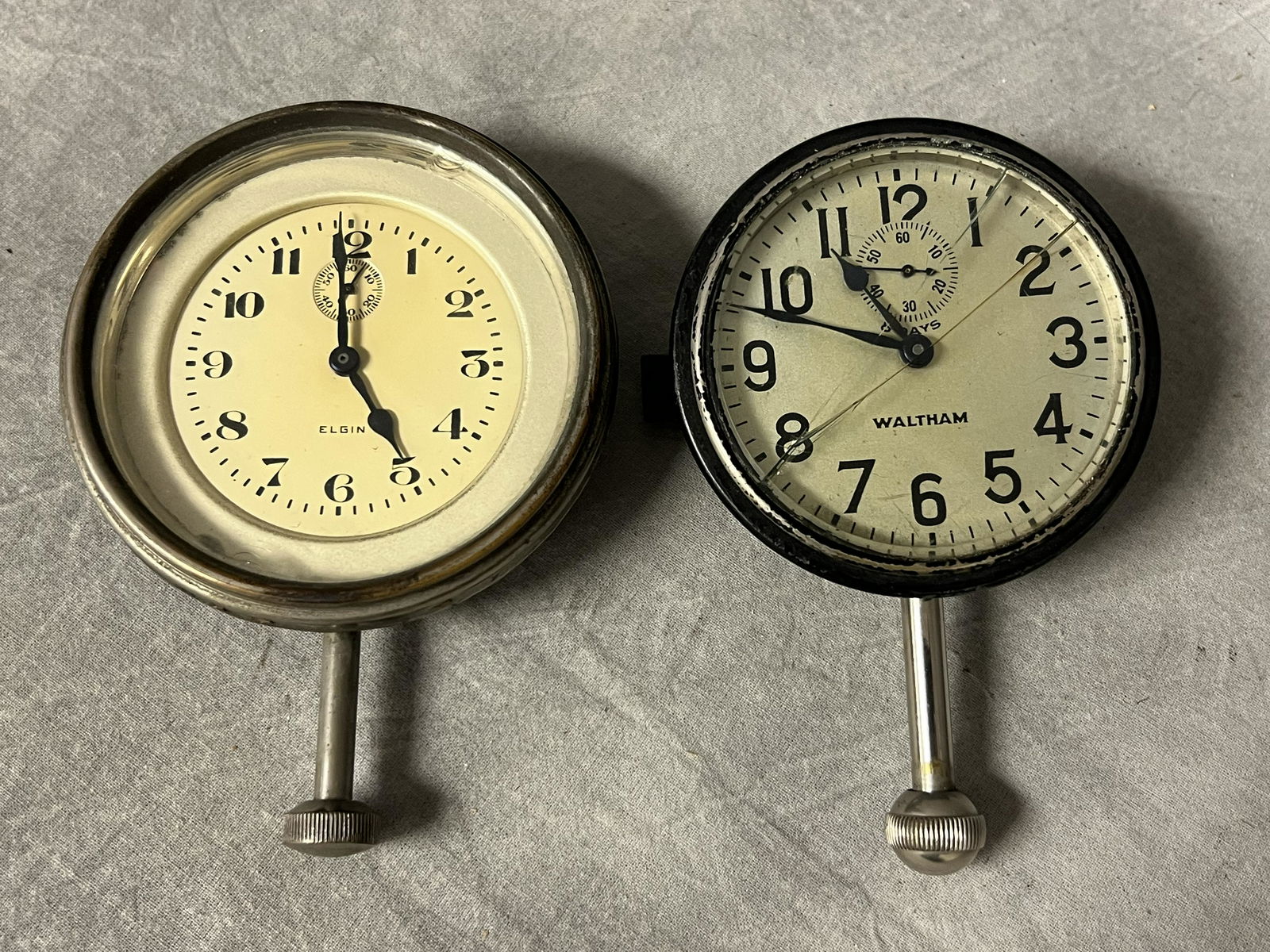 (2)Antique Car Dash Clocks, WalthamElgin Both Windup and Work (Waltham Cracked Glass) See
