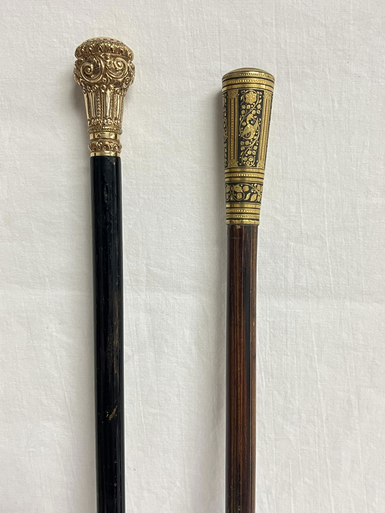 (2)Antique Gold Tone Top Walking Canes - (1)w/ Hallmark 35'' Length, (1)Black & Gold Tone w/ Phoenix (1 of 7)