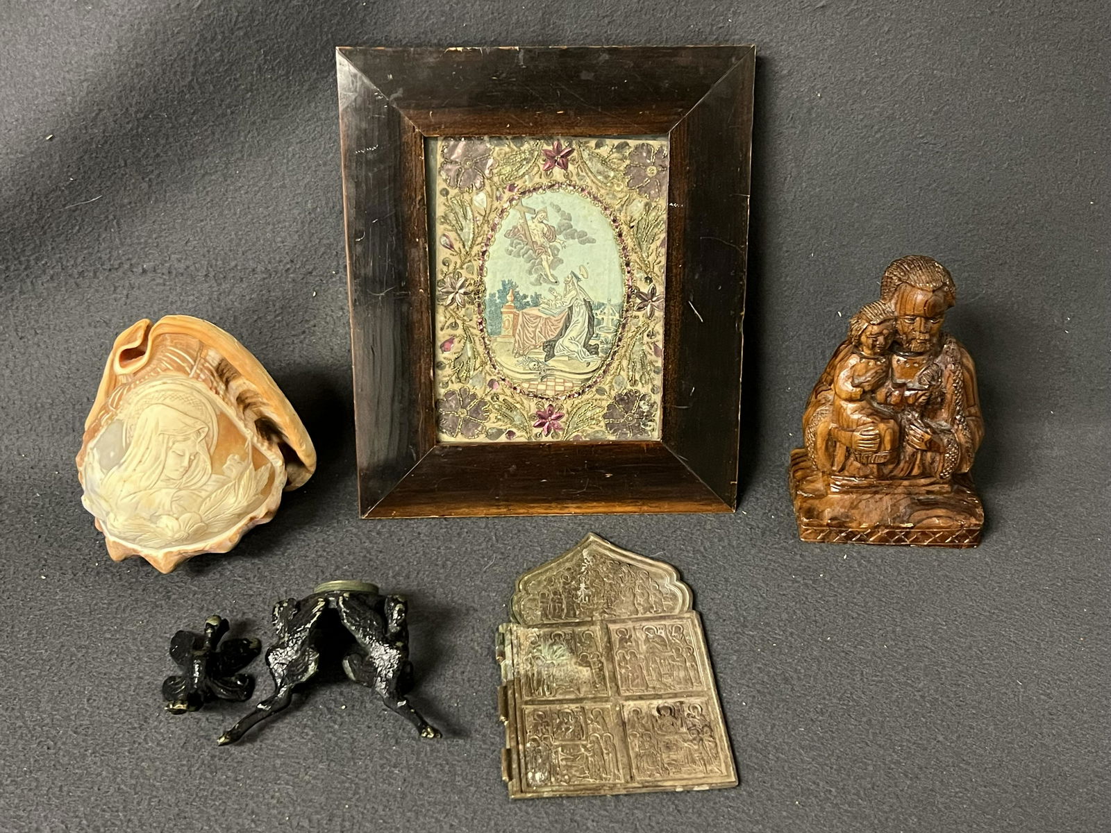 Atq/ Vtg Religious Items- Embellished Art Shell,More - Madonna Carved Shell, Framed Art, Carved Wood (1 of 11)