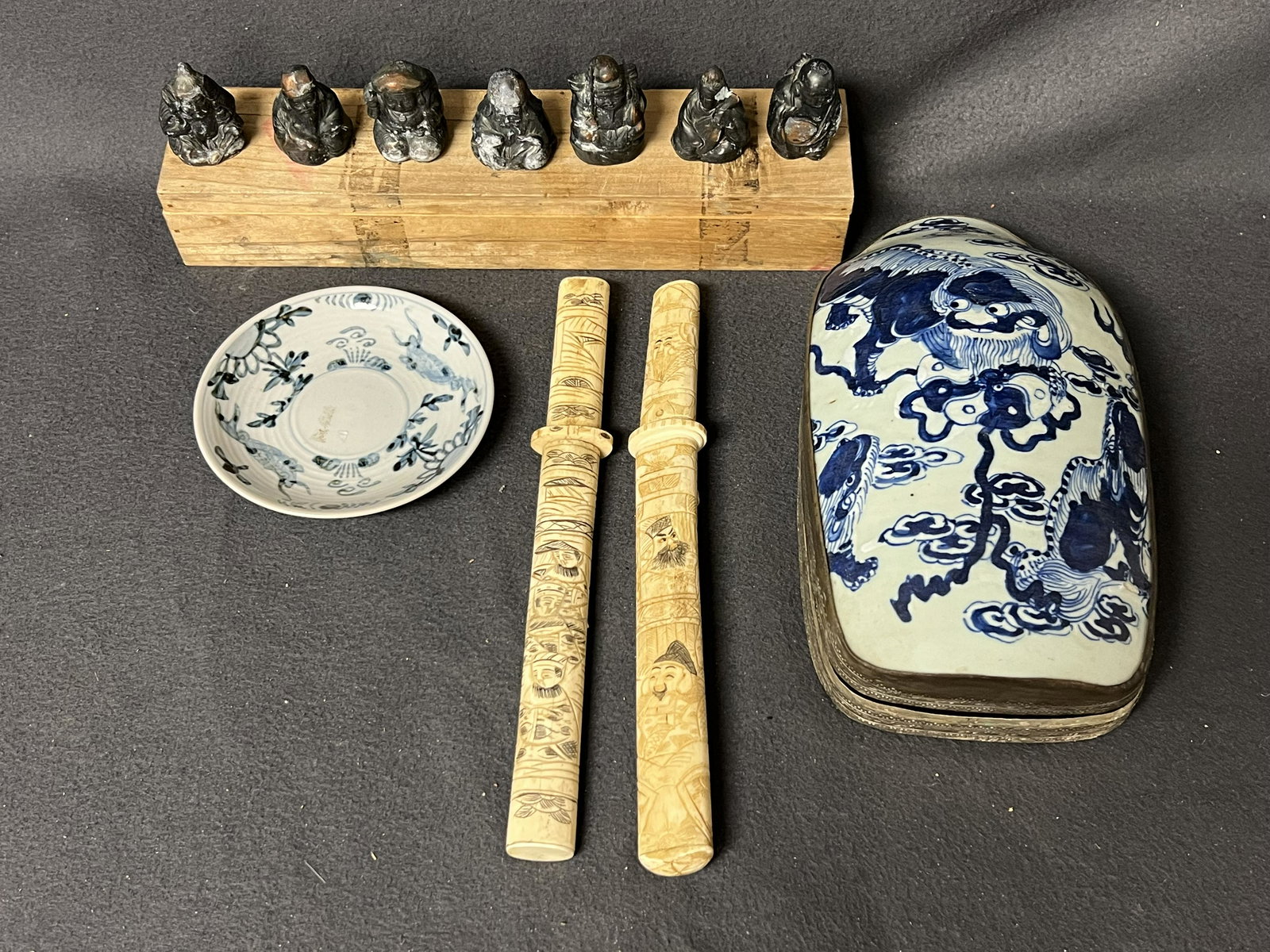 Chinese Atq Shard Box, Carved Box, Buddhas,More- (7)Metal Buddhas 2'' Tall, Shard Box 6.75'' x (1 of 14)