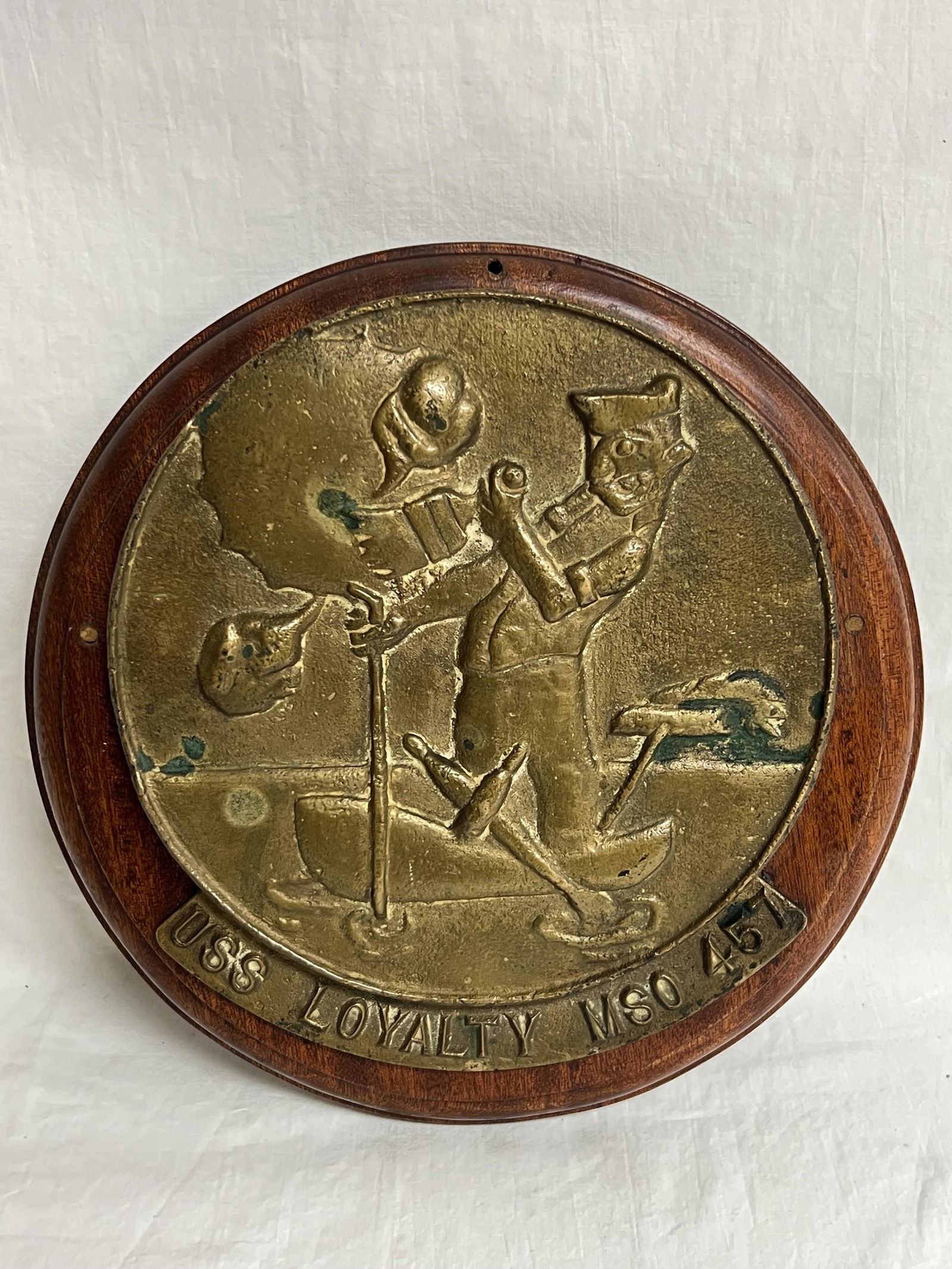 Vtg USS Loyatly MSO 457 10'' Bronze Plaque - Bronze on Wood w/ Admiral Re Hoyle Label on Back (1 of 3)