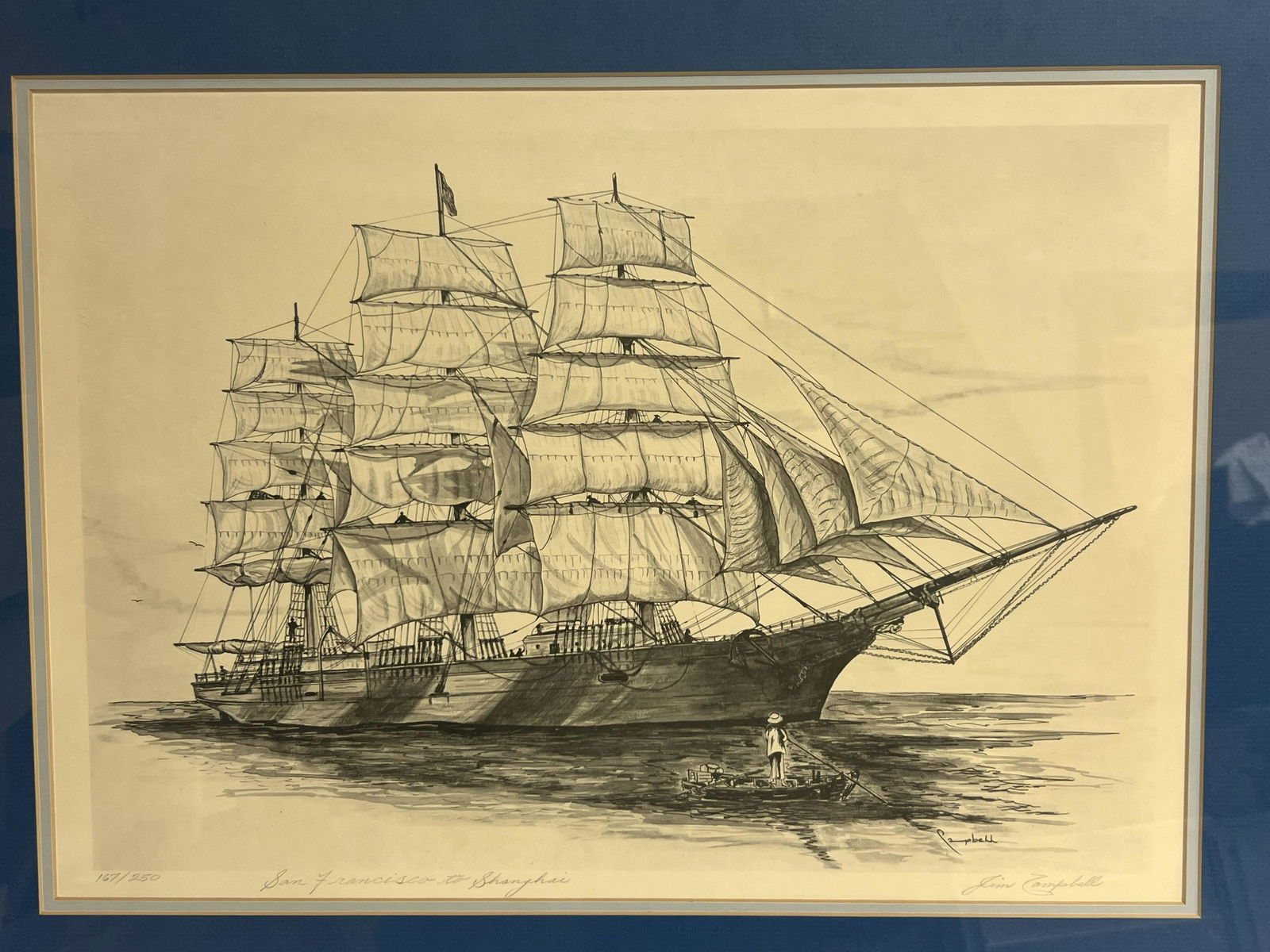 Signed #d Jim Campbell Ship Lithograph - ''San Francisco to Shanghi'' #167 / 250, Framed 30.25'' x (1 of 7)