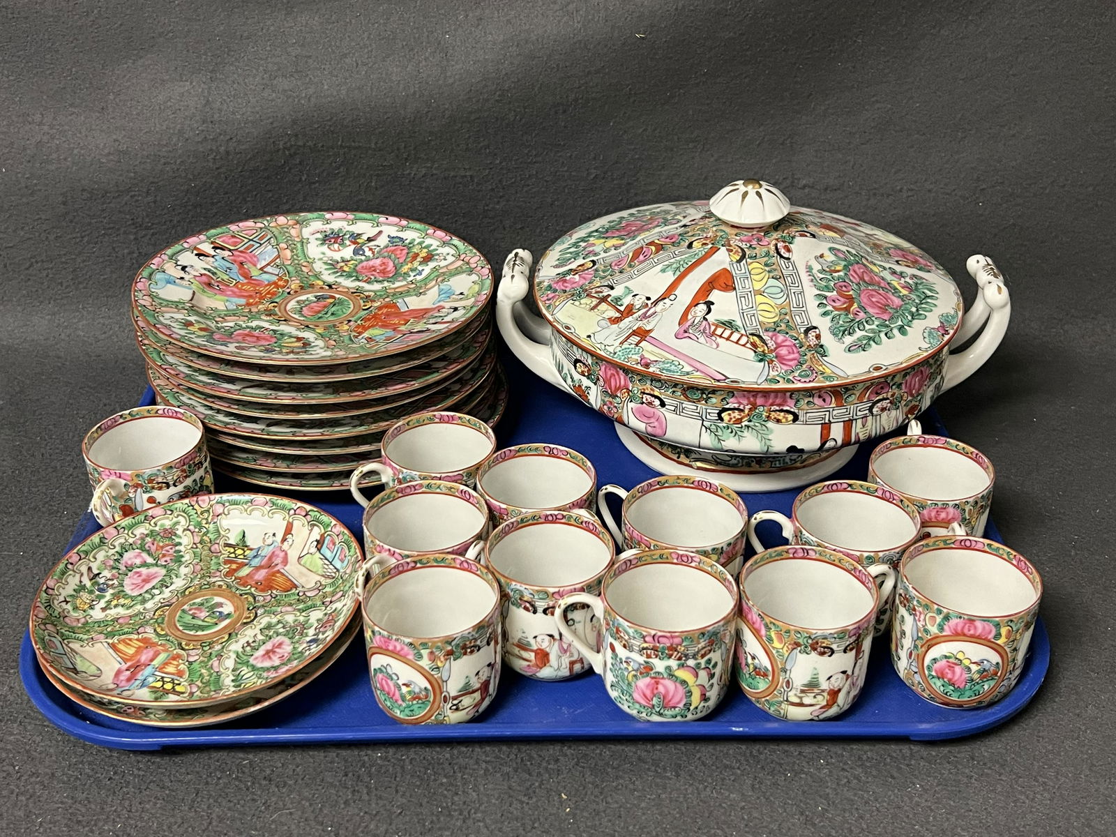 23pcs. Famille Rose Plates, Cups, Covered Dish- (12)Tea Cups 2'' x 2.25'', (2)Shallow Bowls 5.5'' x (1 of 12)